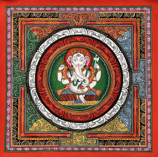 Lord Ganesha/Ganesh/ Ganapati/ Vinayaka, in SriYantra  Master Quality Newari Paubha, Thangka Painting, Original Hand Painting/Meditation Art