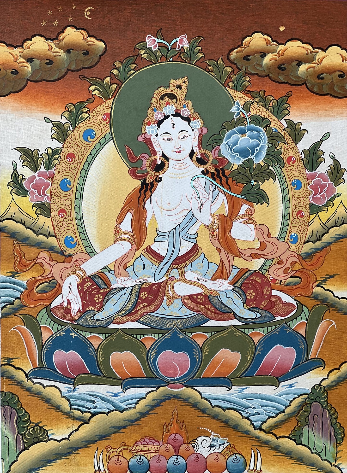 White Tara Sitatara Goddess of Compassion Master Quality Tibetan Thangka Painting, Original Art with Narrow Brocade