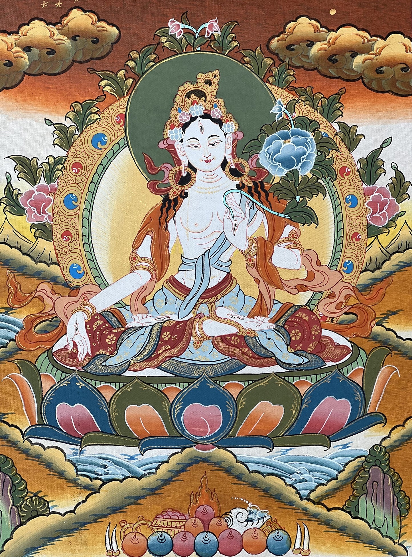 White Tara Sitatara Goddess of Compassion Master Quality Tibetan Thangka Painting, Original Art with Narrow Brocade