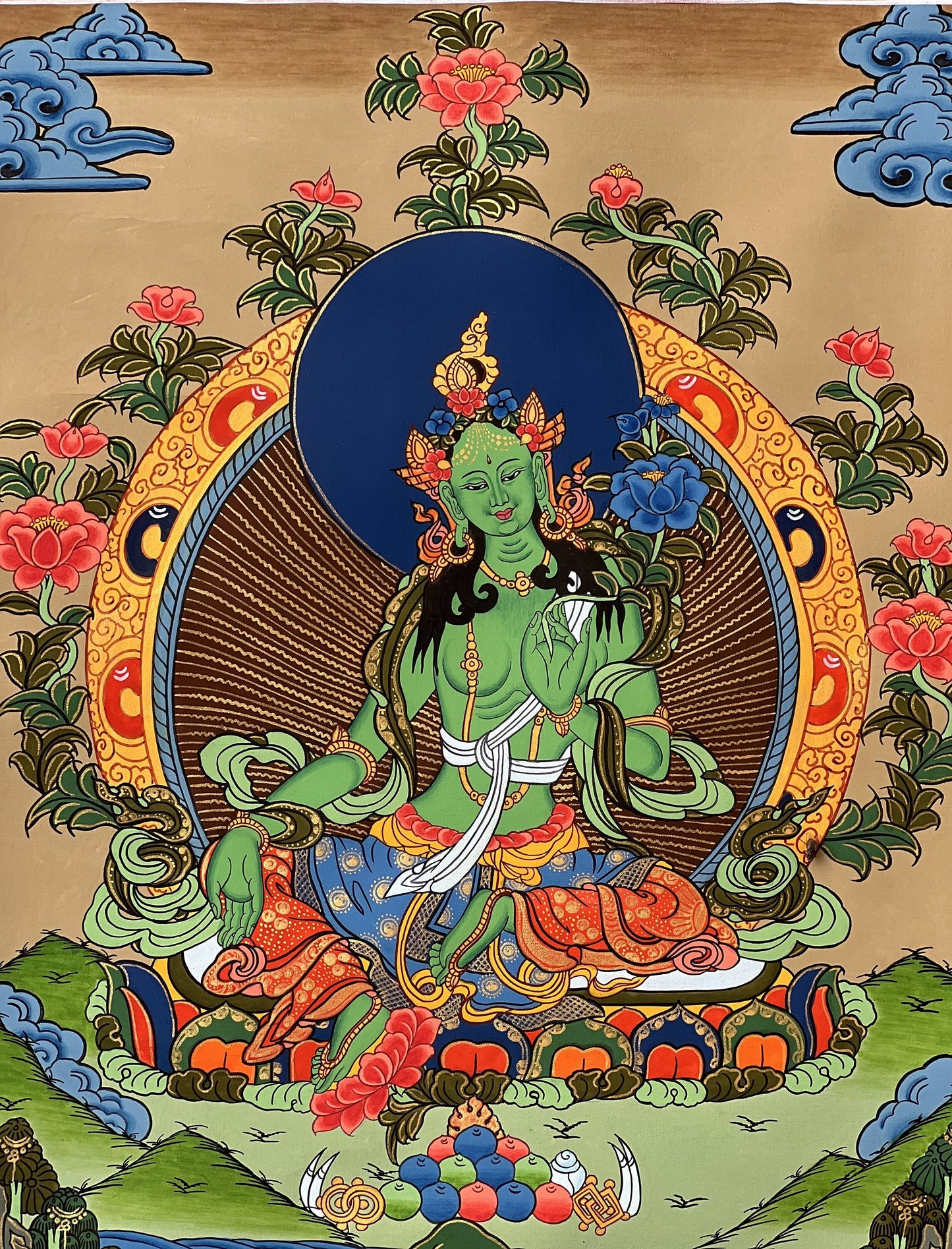 Green Tara/ Shyamatara Mother Goddess Tibetan Thangka Painting Original Hand Painted Meditation Healing Art with Premium Silk Brocade