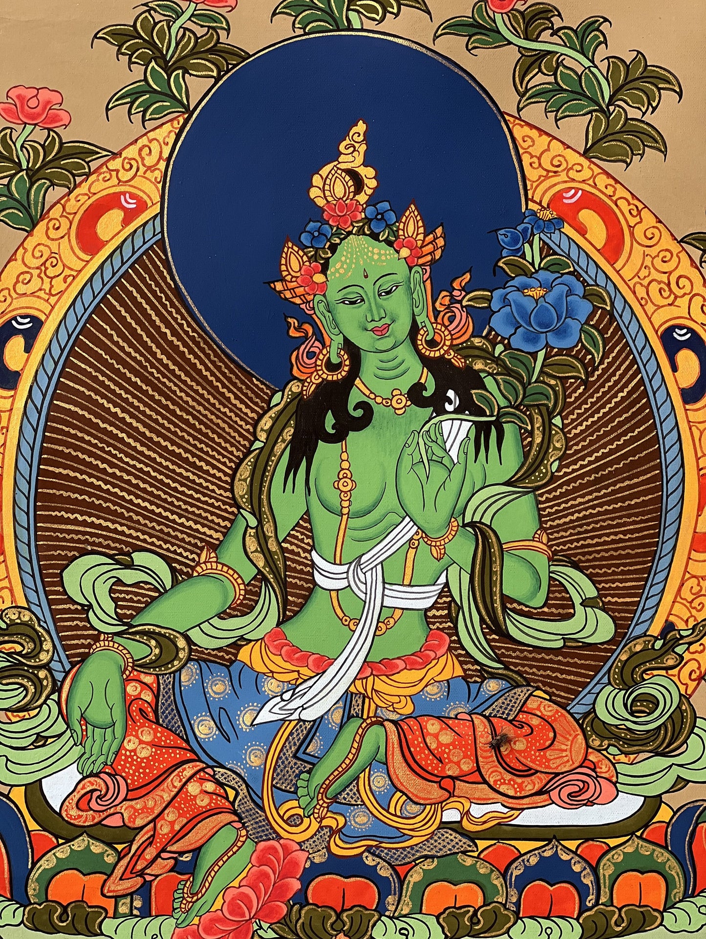 Green Tara/ Shyamatara Mother Goddess Tibetan Thangka Painting Original Hand Painted Meditation Healing Art with Premium Silk Brocade