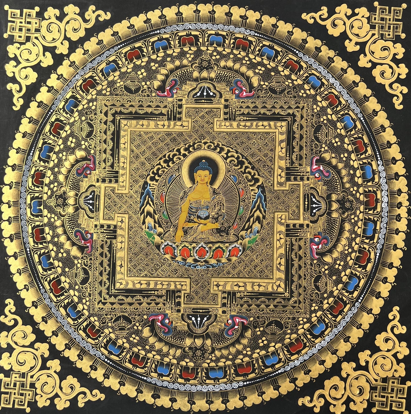 Shakyamuni Buddha Mandala Black and Gold Tibetan Thangka Painting Original Hand-Paining/Meditation Art/ Wall Hanging with Silk Brocade