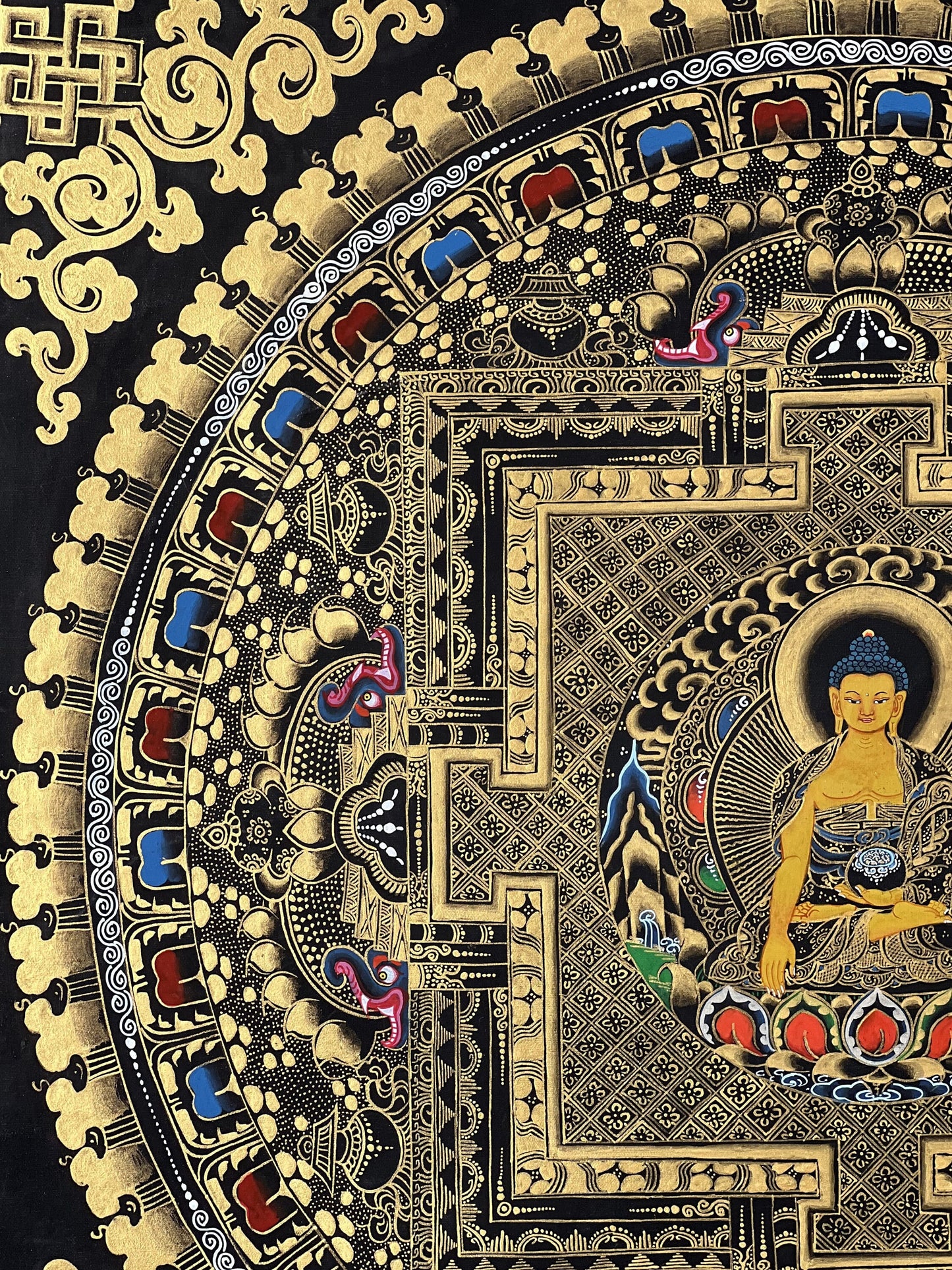 Shakyamuni Buddha Mandala Black and Gold Tibetan Thangka Painting Original Hand-Paining/Meditation Art/ Wall Hanging with Silk Brocade