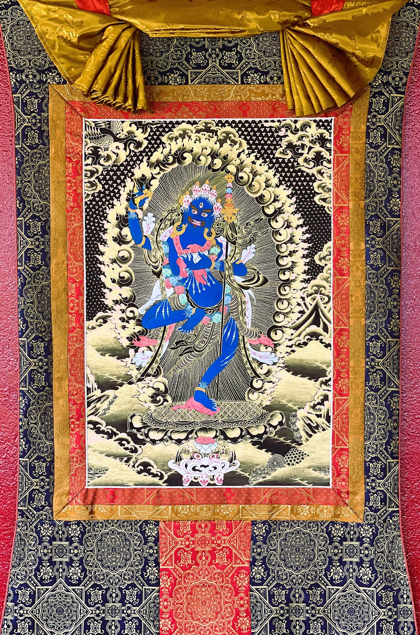 Lion Faced Dakini/ Simhamukhi/ Simhamukhi Yogini/ Female Buddha Original Hand-painted Tibetan Thangka with Premium Silk Brocade