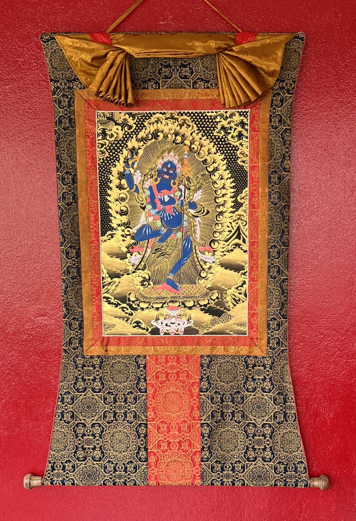 Lion Faced Dakini/ Simhamukhi/ Simhamukhi Yogini/ Female Buddha Original Hand-painted Tibetan Thangka with Premium Silk Brocade