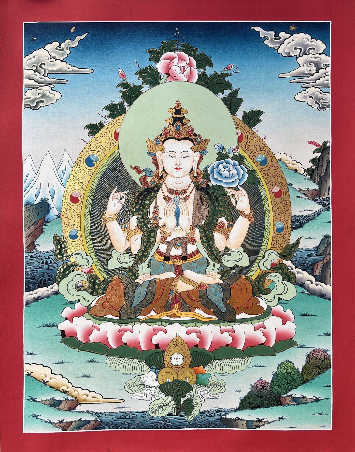 4 -Armed, Chyangresi, Chenrezig, Avalokiteshvara Bodhisattva High-Quality Masterpiece Hand Painted  Tibetan Thangka Painting, Original Art