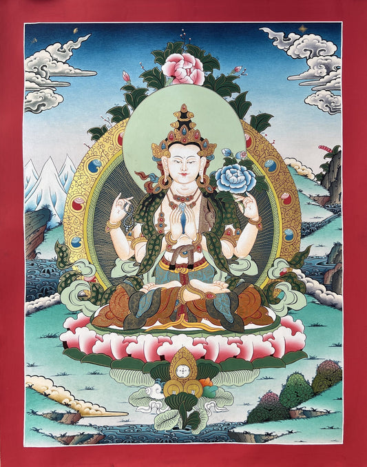 4 -Armed, Chyangresi, Chenrezig, Avalokiteshvara Bodhisattva High-Quality Masterpiece Hand Painted  Tibetan Thangka Painting, Original Art