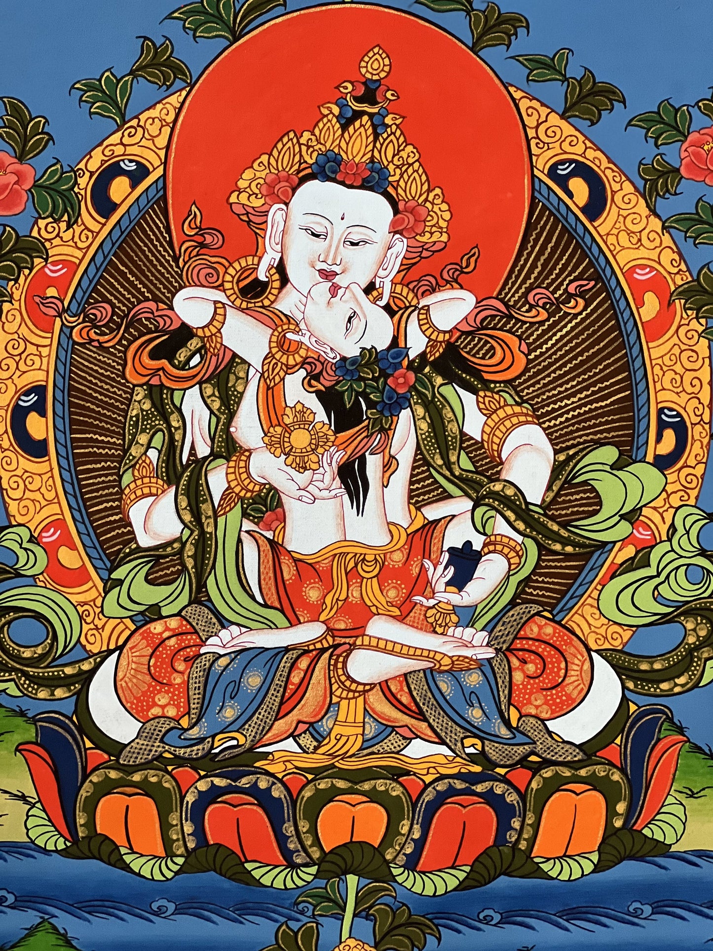 Original Vajrasattva Shakti in YabYum position Master Quality Tibetan Thangka Painting/ Hand-painting, Compassion Meditation Art from Nepal