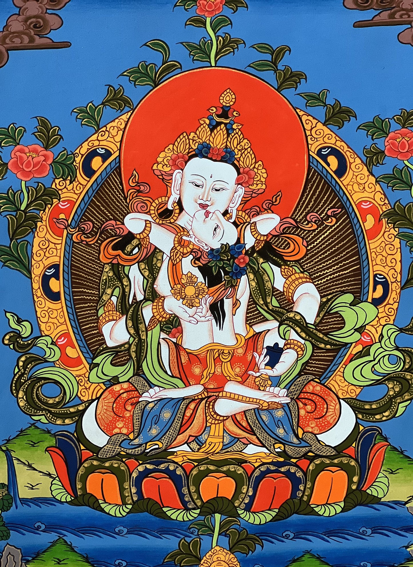 Original Vajrasattva Shakti in YabYum position Master Quality Tibetan Thangka Painting/ Hand-painting, Compassion Meditation Art from Nepal