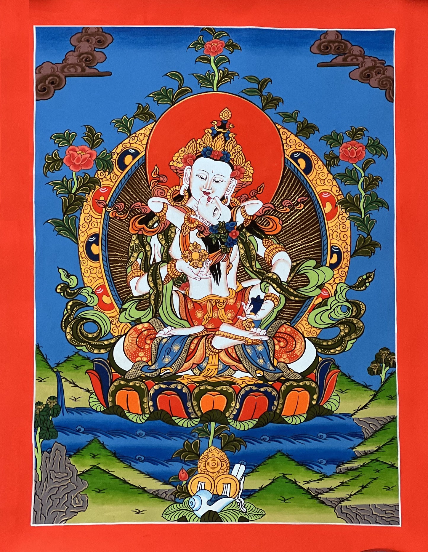 Original Vajrasattva Shakti in YabYum position Master Quality Tibetan Thangka Painting/ Hand-painting, Compassion Meditation Art from Nepal