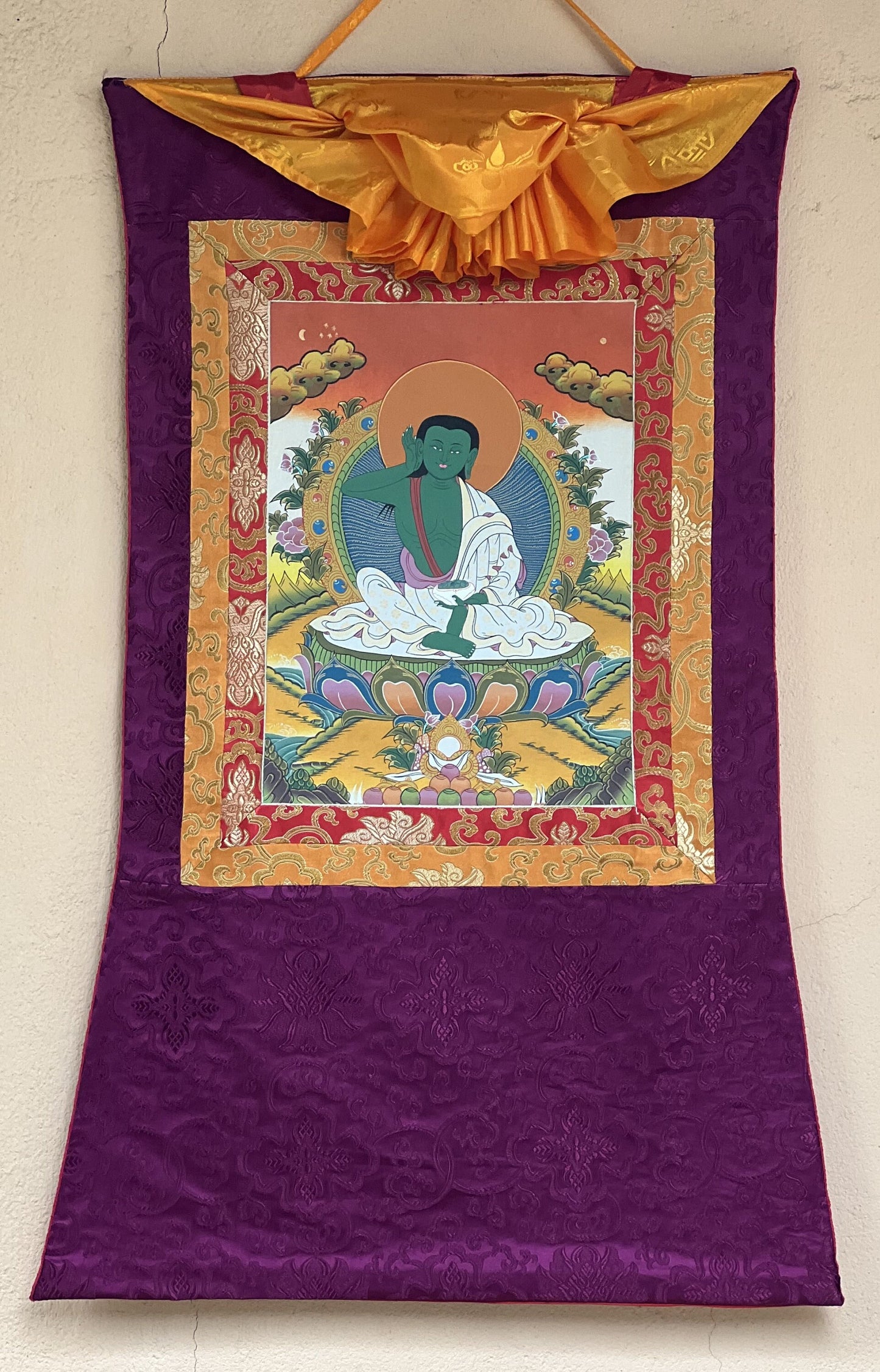 Milarepa, Jetsun Milarepa, Tibetan Yogi, Siddha, Poet, High Quality Tibetan Thangka Painting, Original Art with premium Silk Brocade