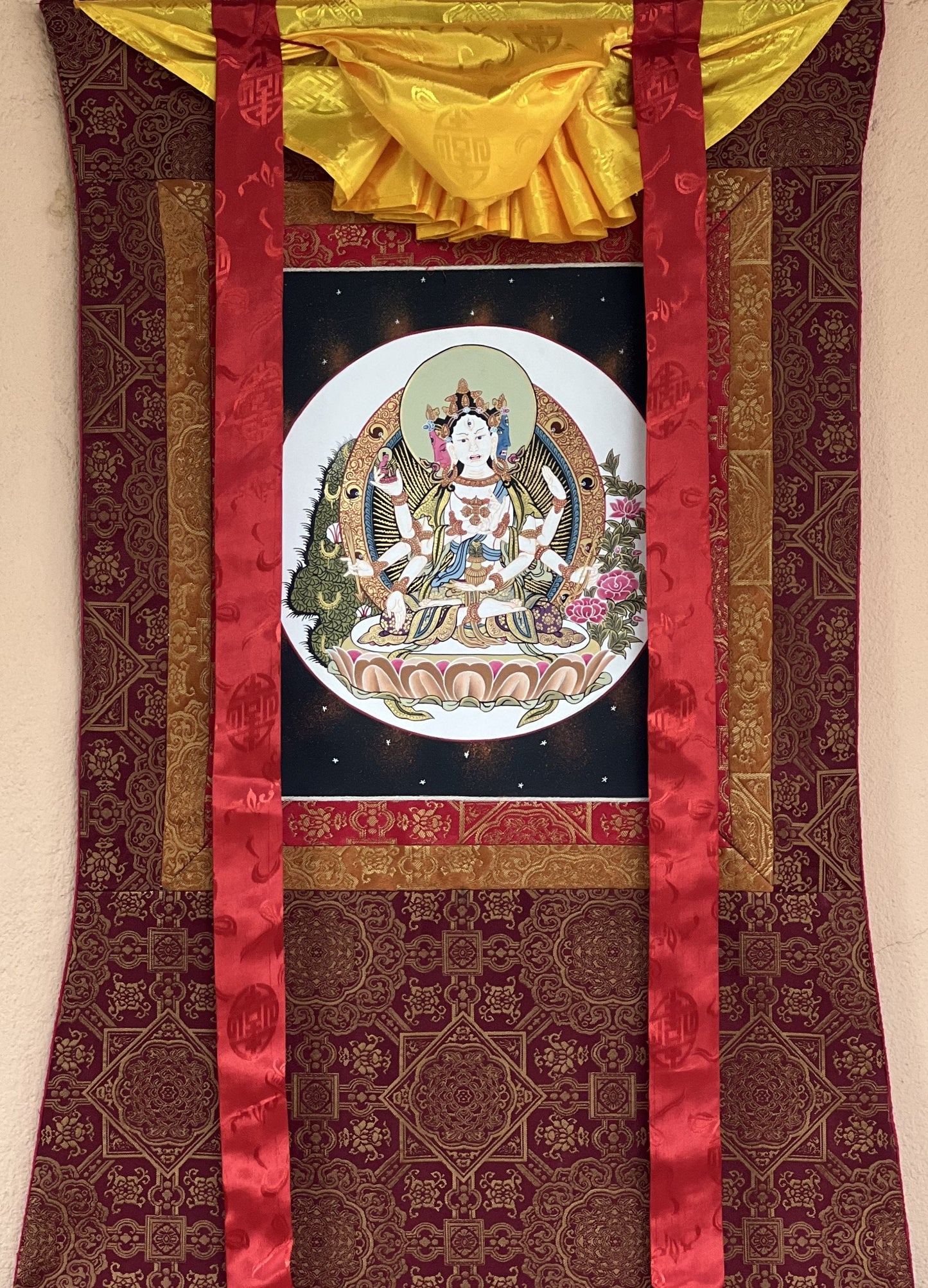 Basundhara, Namgyalma, Dakini of Longevity Tibetan Thangka Painting, Original Art, Bordered with Premium Quality Silk