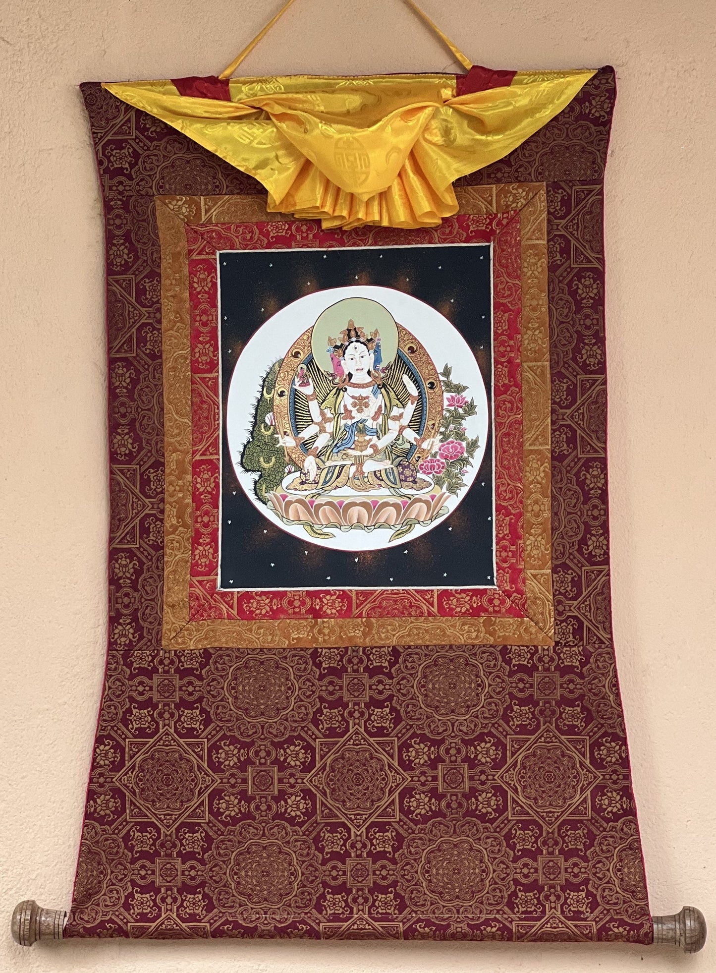 Basundhara, Namgyalma, Dakini of Longevity Tibetan Thangka Painting, Original Art, Bordered with Premium Quality Silk