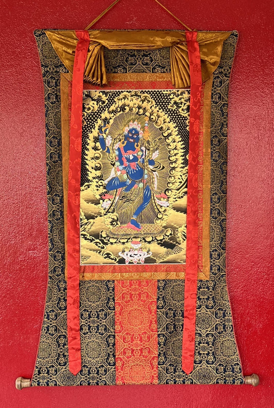 Lion Faced Dakini/ Simhamukhi/ Simhamukhi Yogini/ Female Buddha Original Hand-painted Tibetan Thangka with Premium Silk Brocade