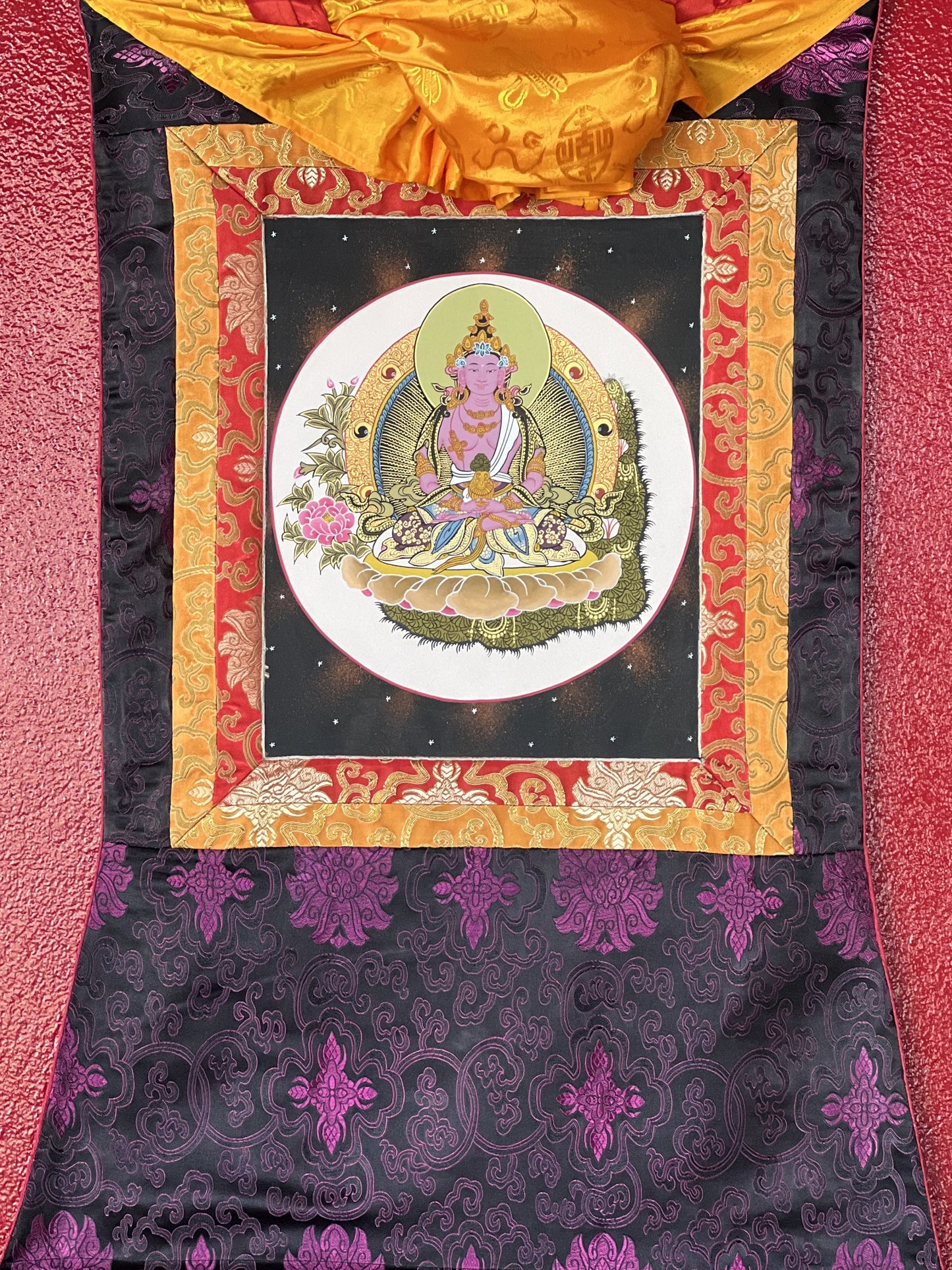 Original Hand Painted Amitayus/Amitabha Buddha/ Pure Land (Sukhavati)  Tibetan Thangka Painting/ Wall Hanging with Silk Brocade