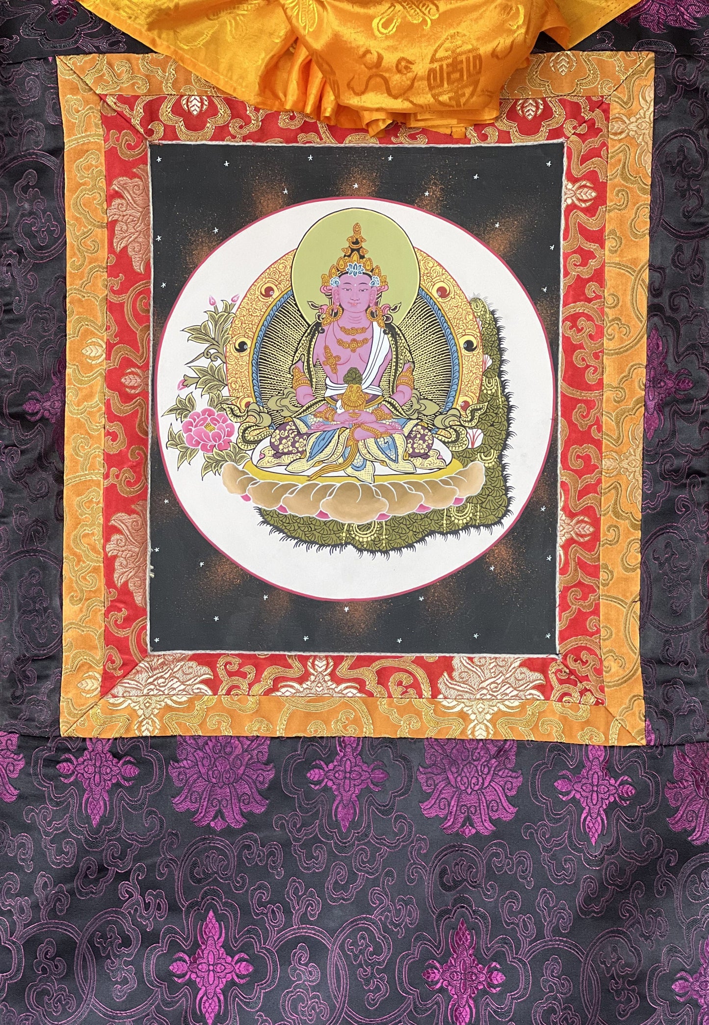 Original Hand Painted Amitayus/Amitabha Buddha/ Pure Land (Sukhavati)  Tibetan Thangka Painting/ Wall Hanging with Silk Brocade