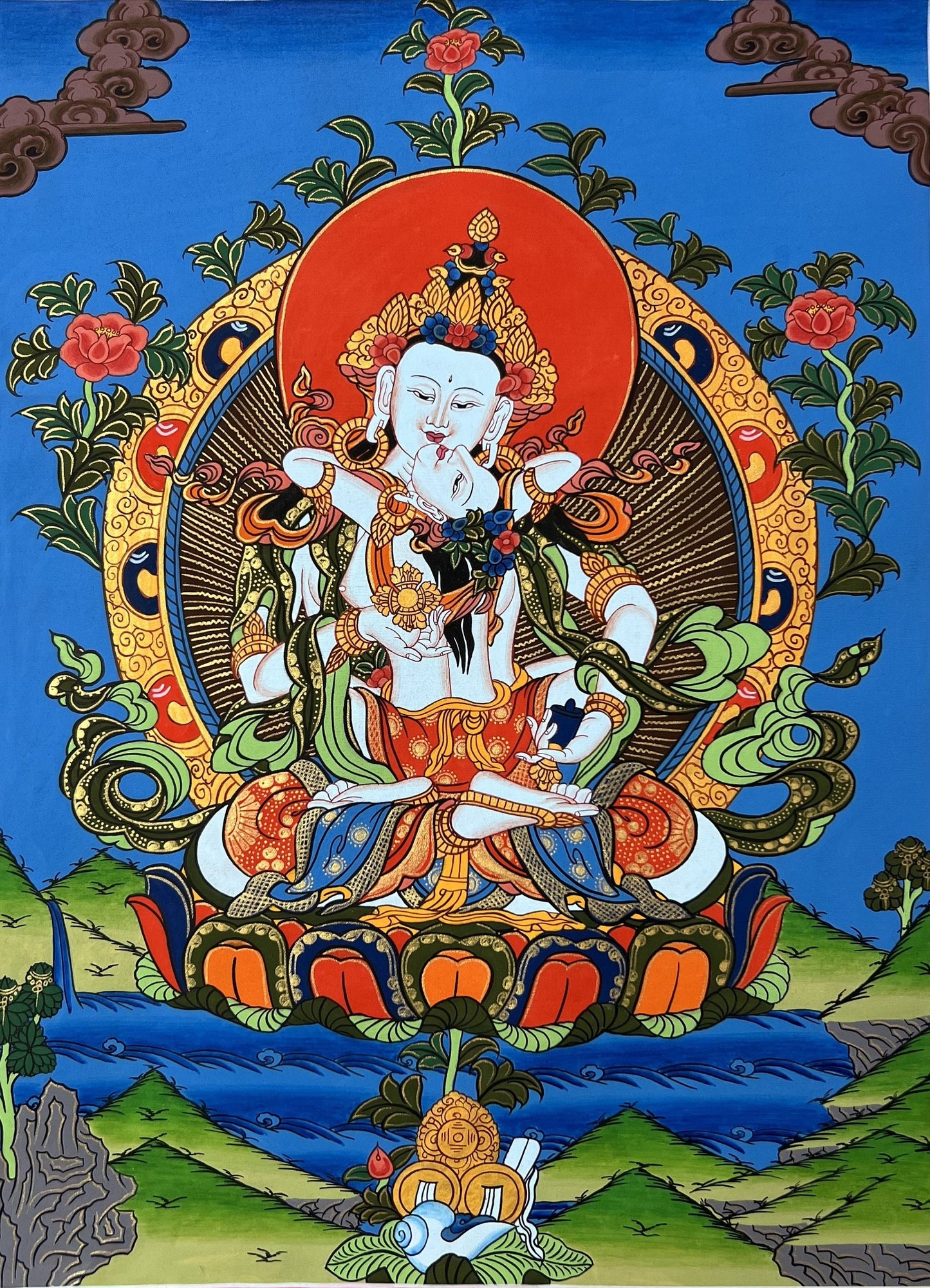 Original Vajrasattva Shakti in YabYum position Master Quality Tibetan Thangka Painting/ Hand-painting, Compassion Meditation Art from Nepal