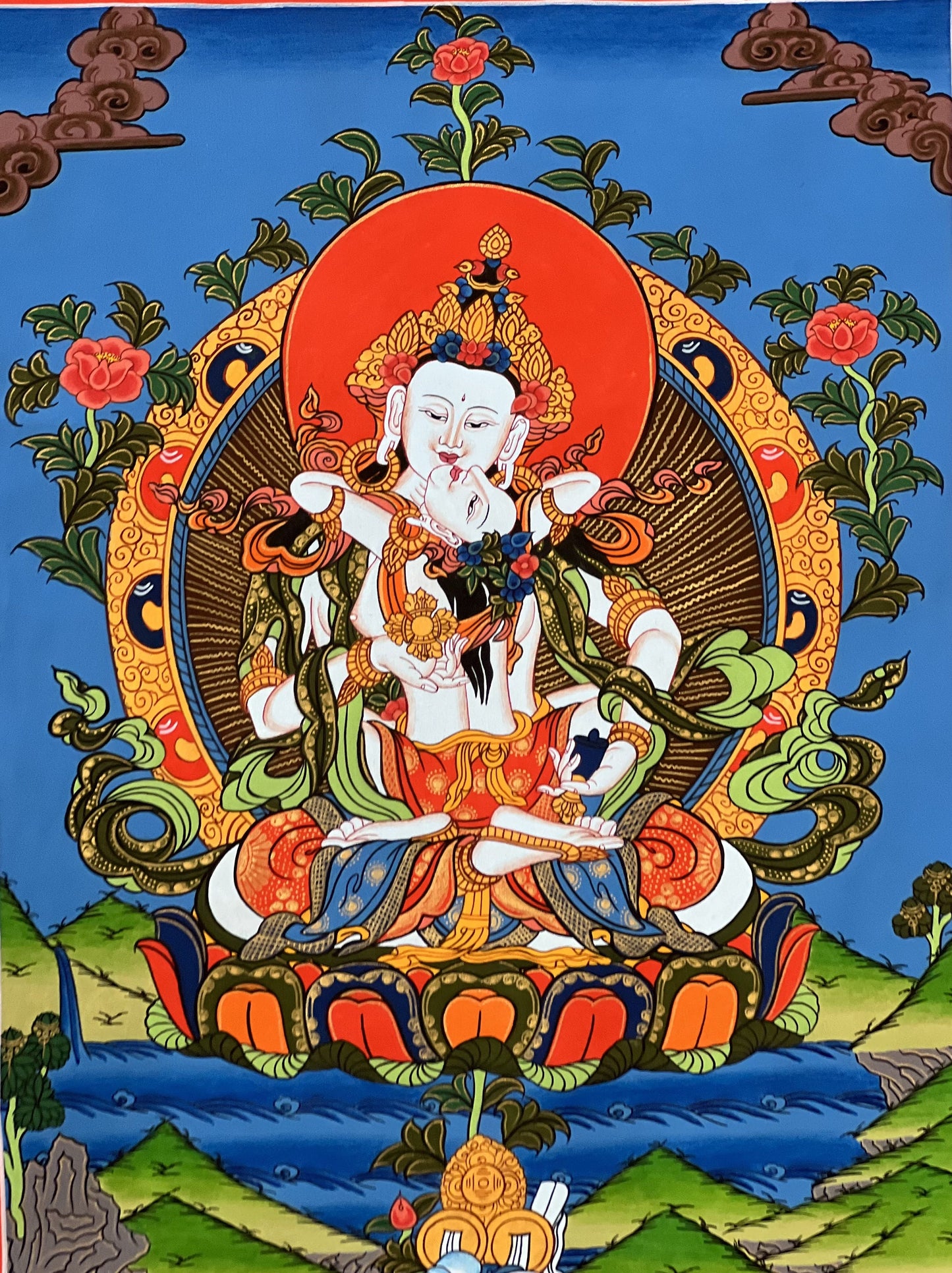 Original Vajrasattva Shakti in YabYum position Master Quality Tibetan Thangka Painting/ Hand-painting, Compassion Meditation Art from Nepal