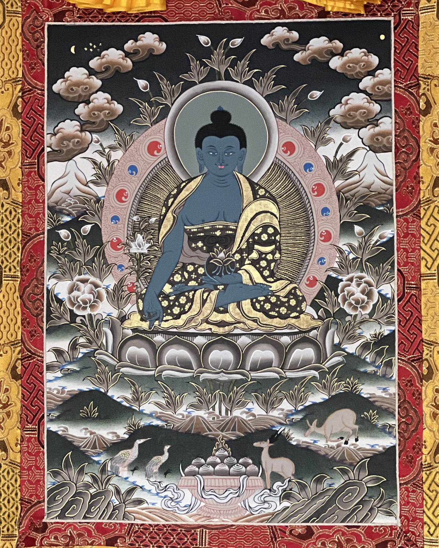 Medicine Buddha/ Bhaisajyaguru/ Master Quality Original Tibetan Thangka Painting/Healing Meditation Art with High Quality Silk Border