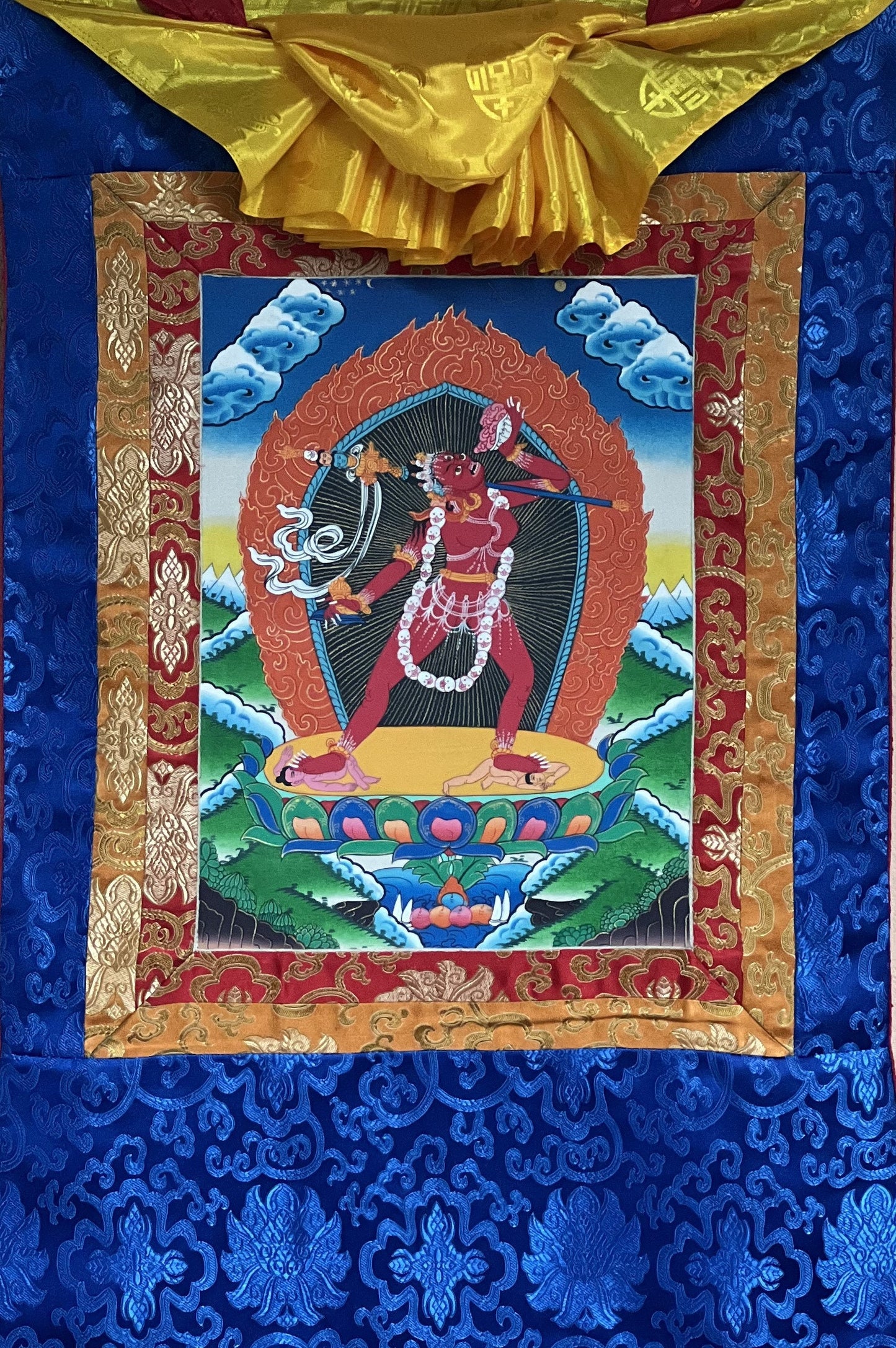 Vajrayoginī/ Jogini/ Yogini/ Dorje Neljorma/ Female Buddha Tibetan Thangka Painting, Original Art with Silk Brocade