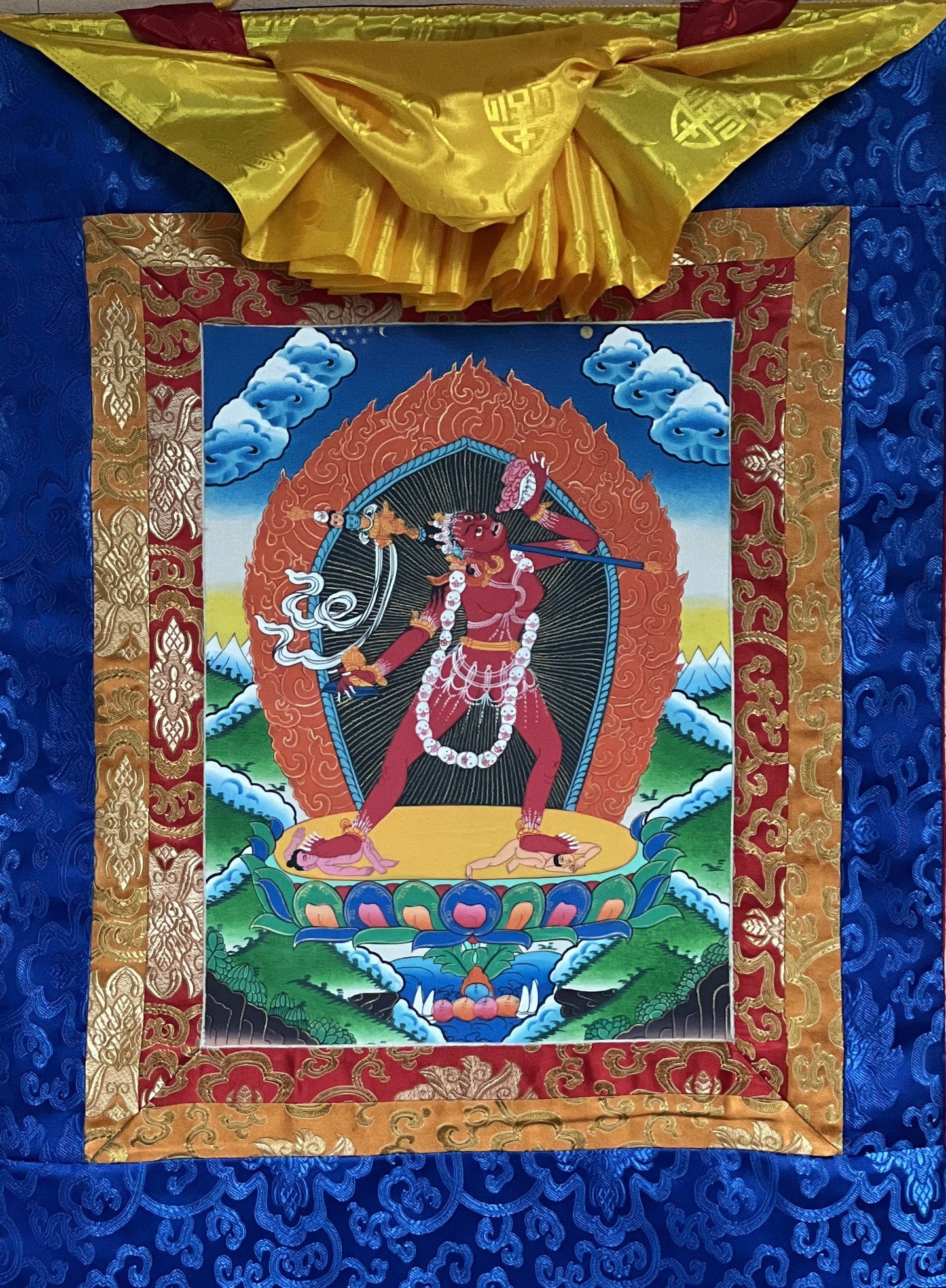 Vajrayoginī/ Jogini/ Yogini/ Dorje Neljorma/ Female Buddha Tibetan Thangka Painting, Original Art with Silk Brocade