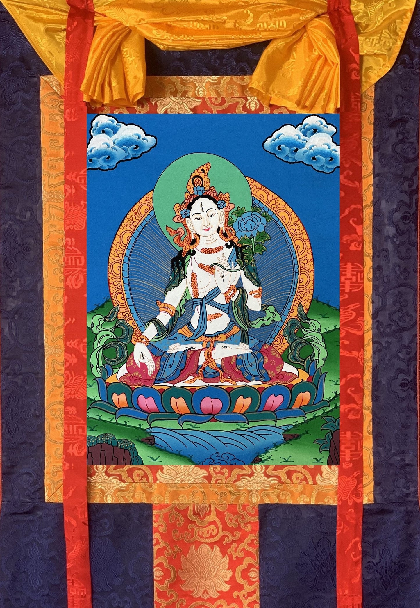 White Tara, Sitatara, Mother Goddess, Hand Painted Original Tibetan Thangka Painting, Buddhist Art  with Silk Border