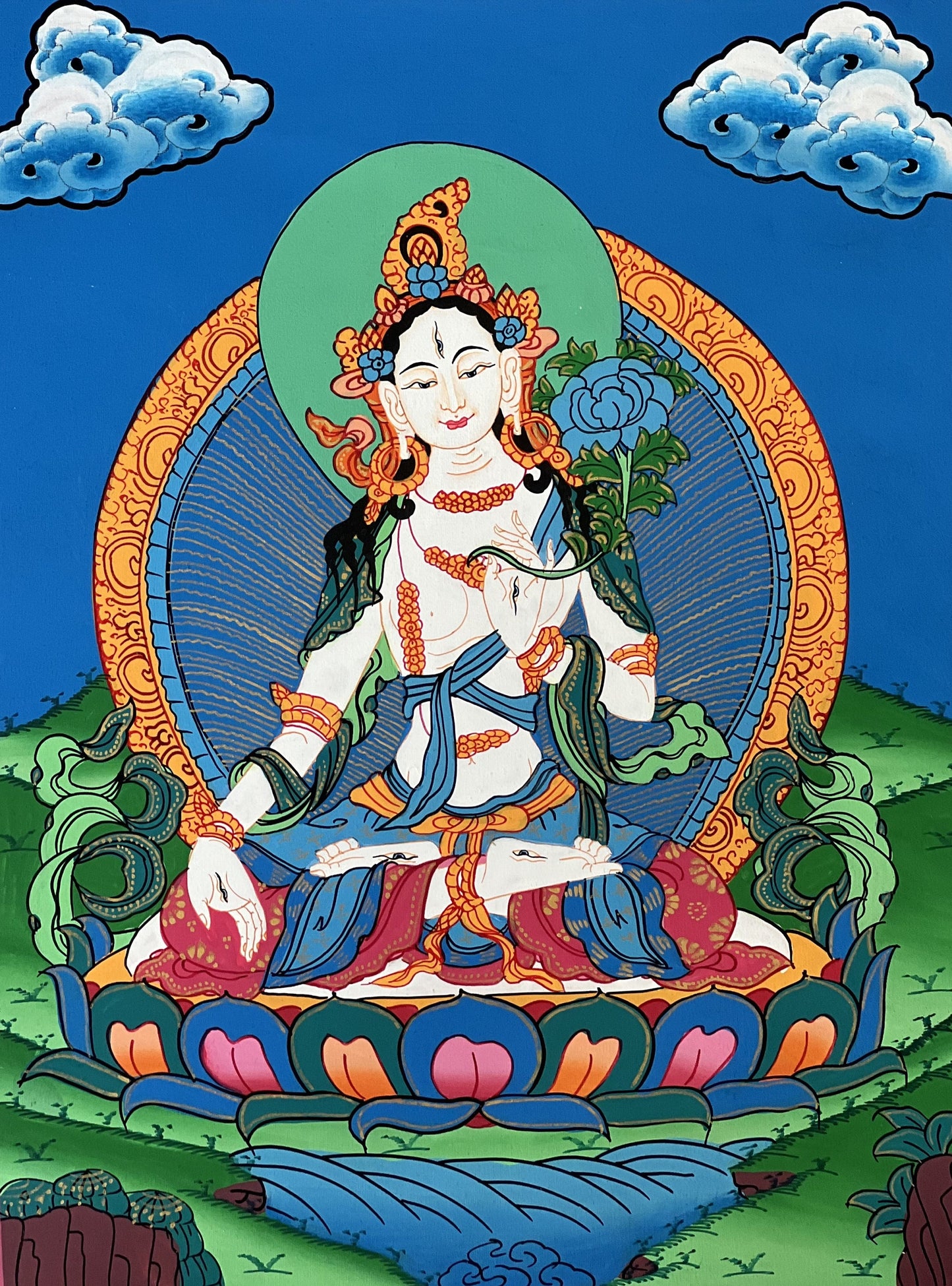 White Tara, Sitatara, Mother Goddess, Hand Painted Original Tibetan Thangka Painting, Buddhist Art  with Silk Border