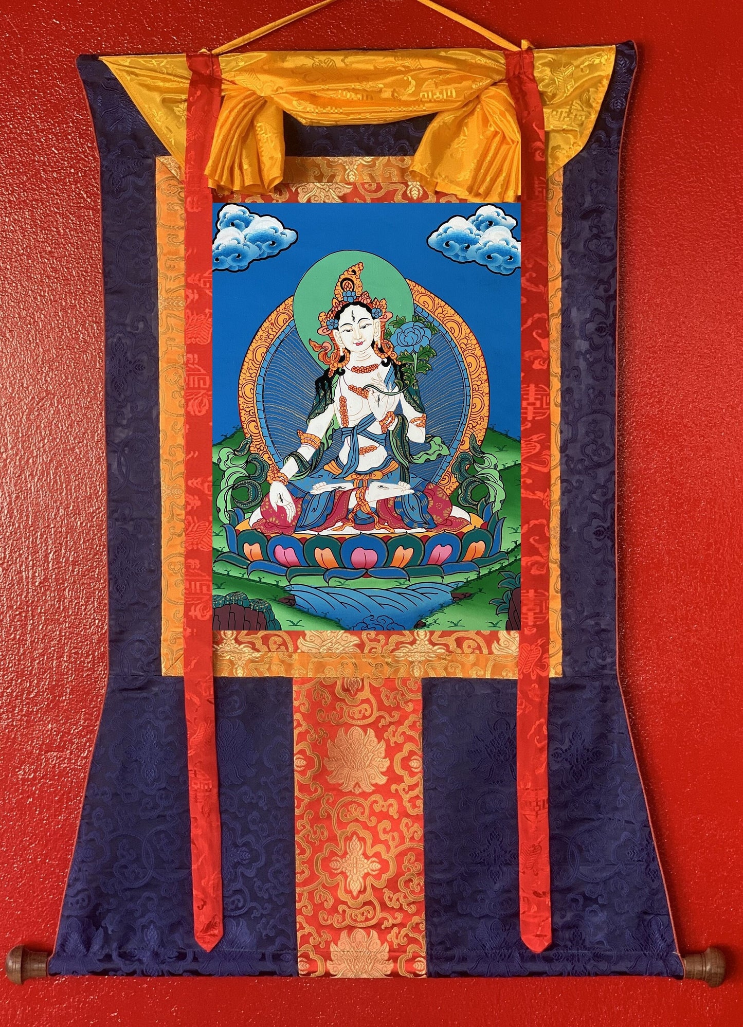 White Tara, Sitatara, Mother Goddess, Hand Painted Original Tibetan Thangka Painting, Buddhist Art  with Silk Border