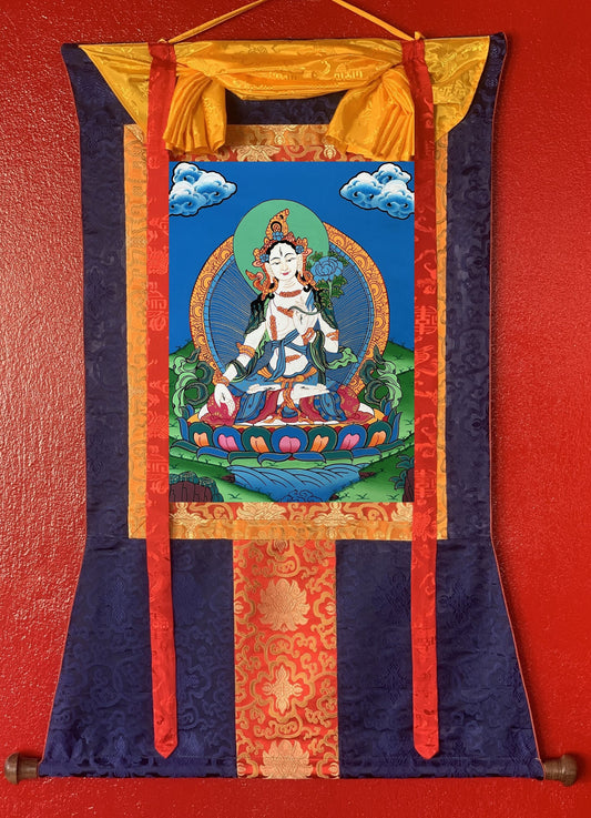 White Tara, Sitatara, Mother Goddess, Hand Painted Original Tibetan Thangka Painting, Buddhist Art  with Silk Border