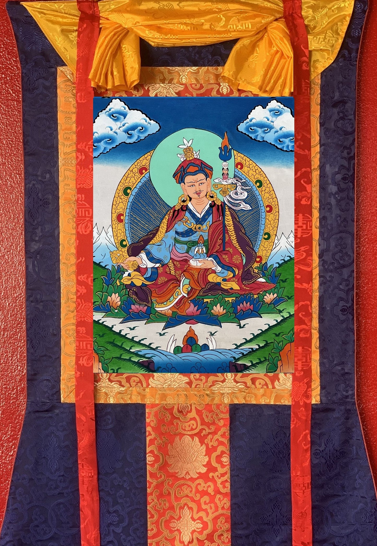 Guru Padmasambhava/Guru Rinpoche Tibetan Thangka Painting, Original Art with Silk Brocade