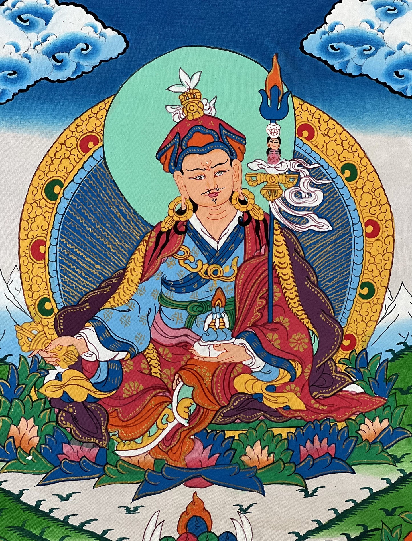 Guru Padmasambhava/Guru Rinpoche Tibetan Thangka Painting, Original Art with Silk Brocade