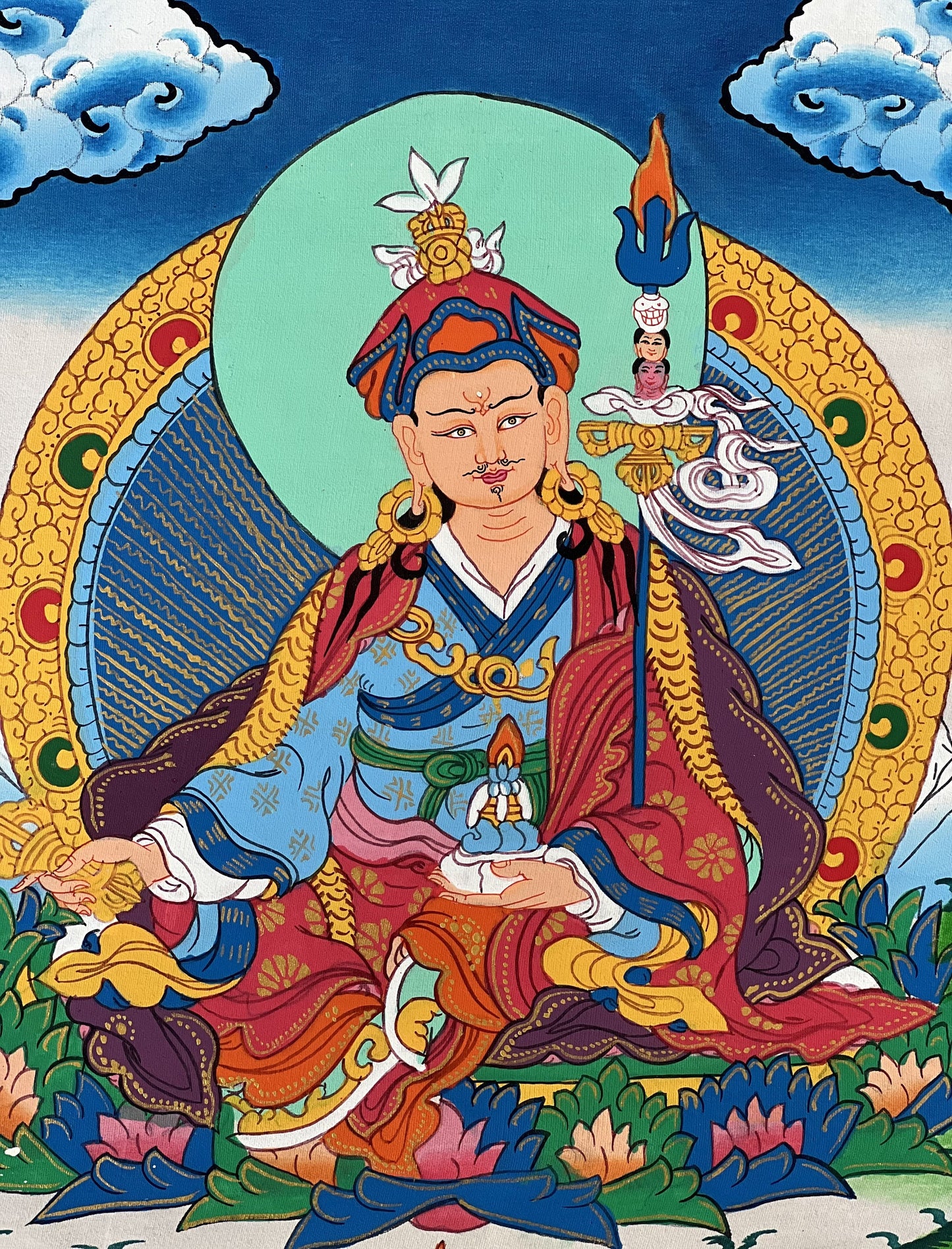 Guru Padmasambhava/Guru Rinpoche Tibetan Thangka Painting, Original Art with Silk Brocade