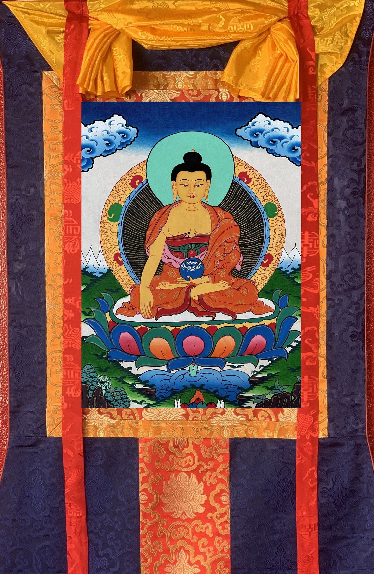 Shakyamuni Buddha Siddhartha Gautama Founder of Buddha Dharma, BORN in Lumbini Nepal  Original Tibetan Thangka Painting with Silk Border