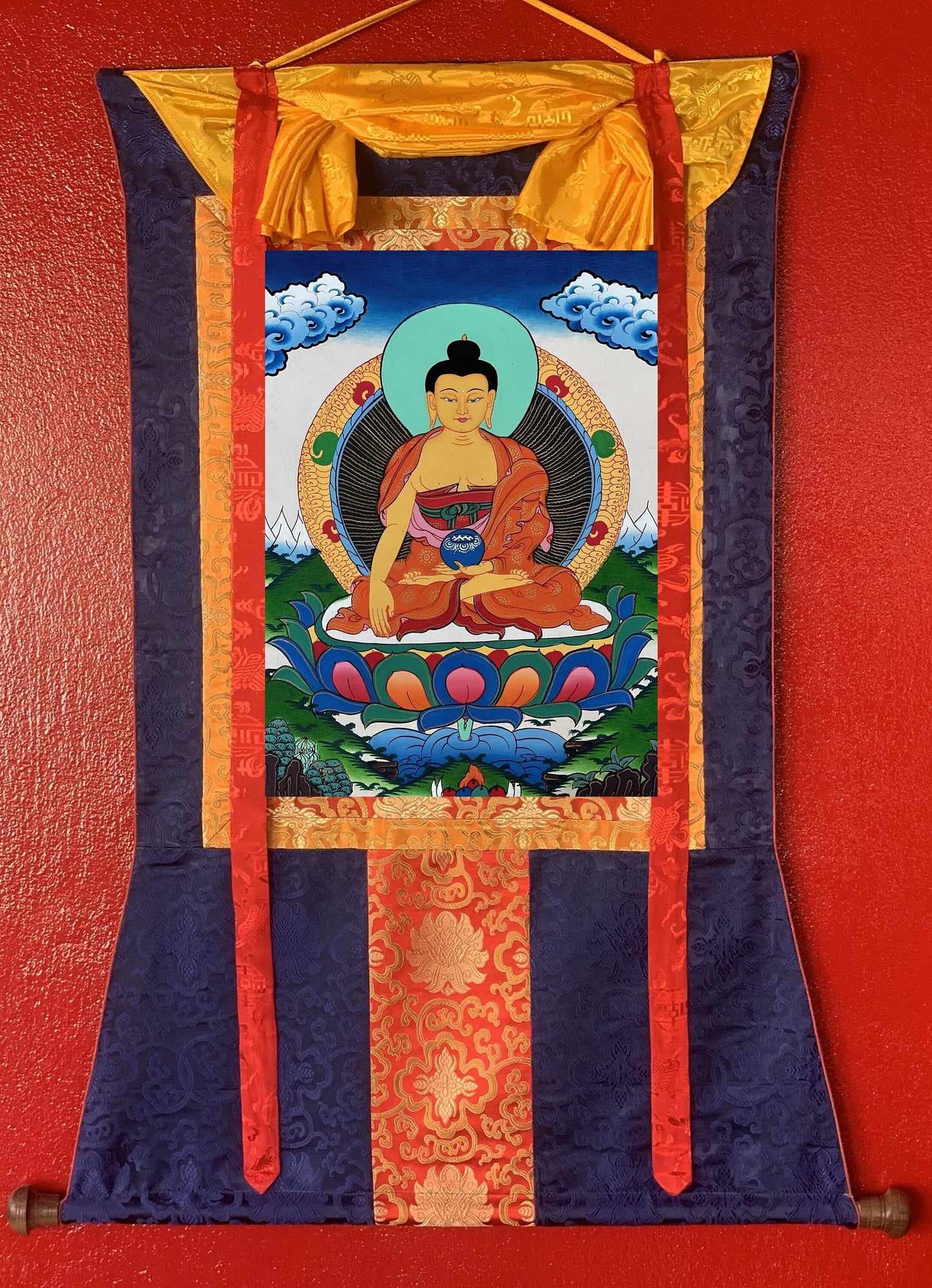 Shakyamuni Buddha Siddhartha Gautama Founder of Buddha Dharma, BORN in Lumbini Nepal  Original Tibetan Thangka Painting with Silk Border