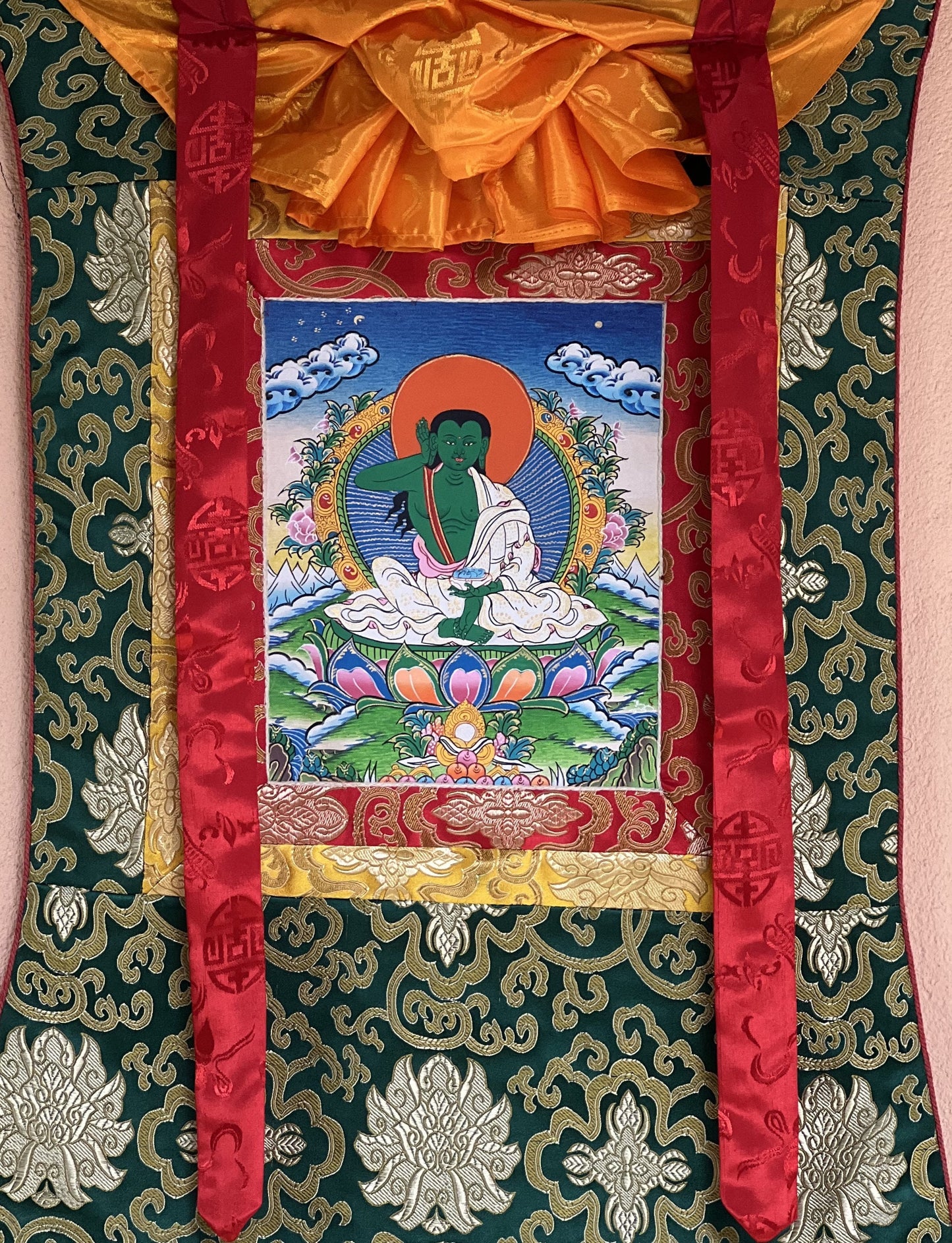 Milarepa/ Tibetan Yogi/ Siddha/ Poet Thangka Painting Original Hand Painting Buddhist Art  Bordered with Silk