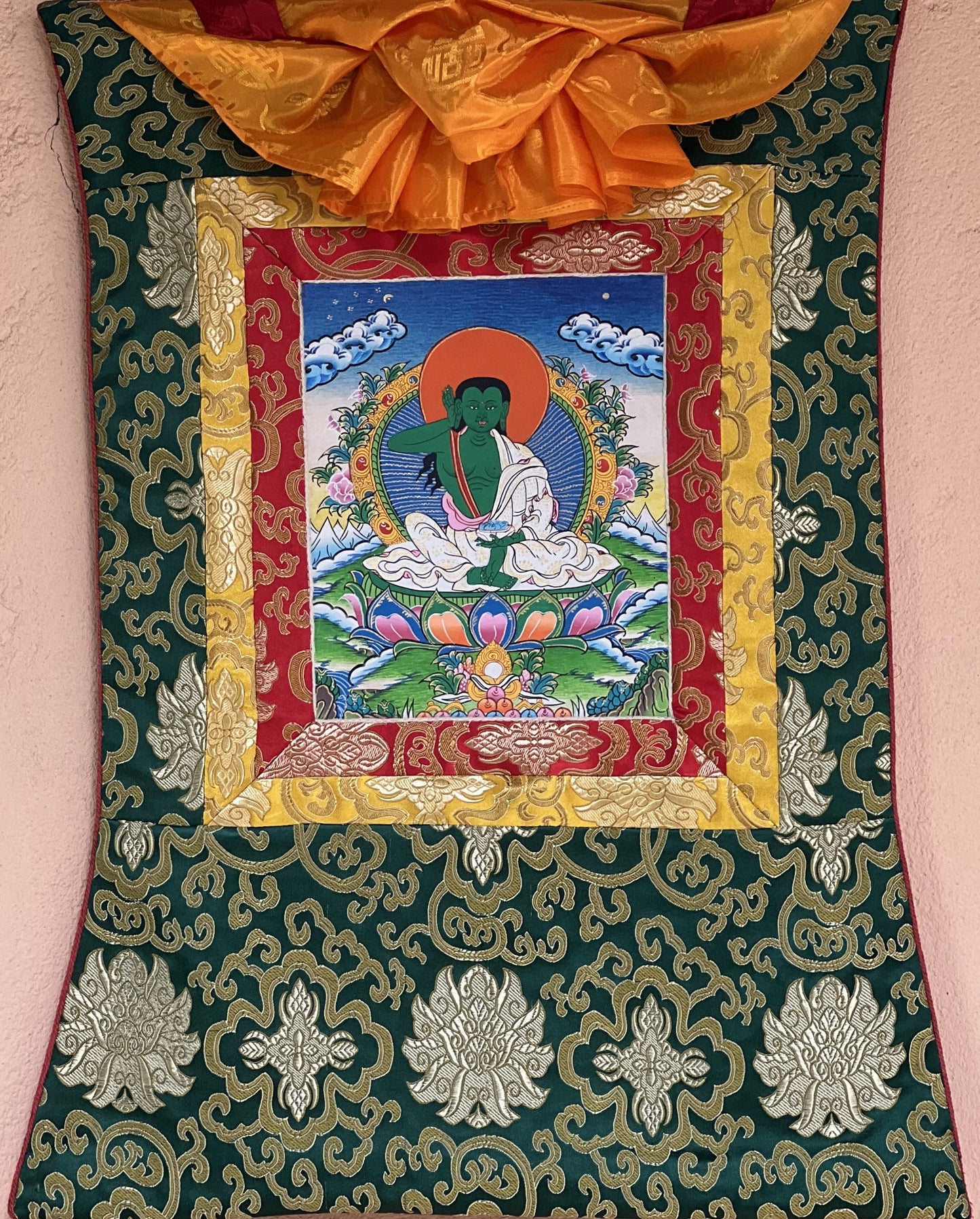 Milarepa/ Tibetan Yogi/ Siddha/ Poet Thangka Painting Original Hand Painting Buddhist Art  Bordered with Silk