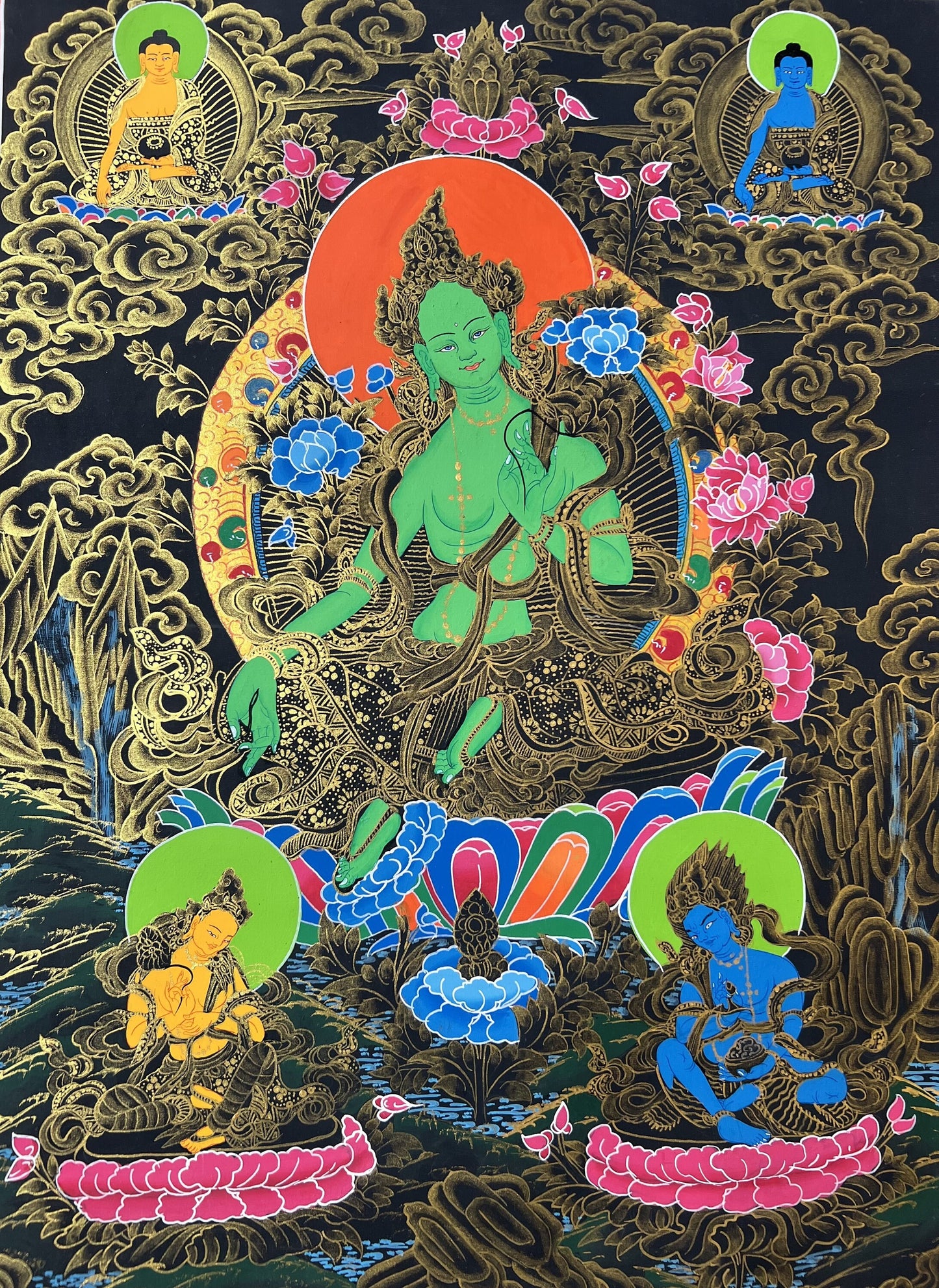 Green Tara/ Shyamatara/ Mother Goddess Tibetan Thangka Painting Original Hand Painted Compassion Meditation Art