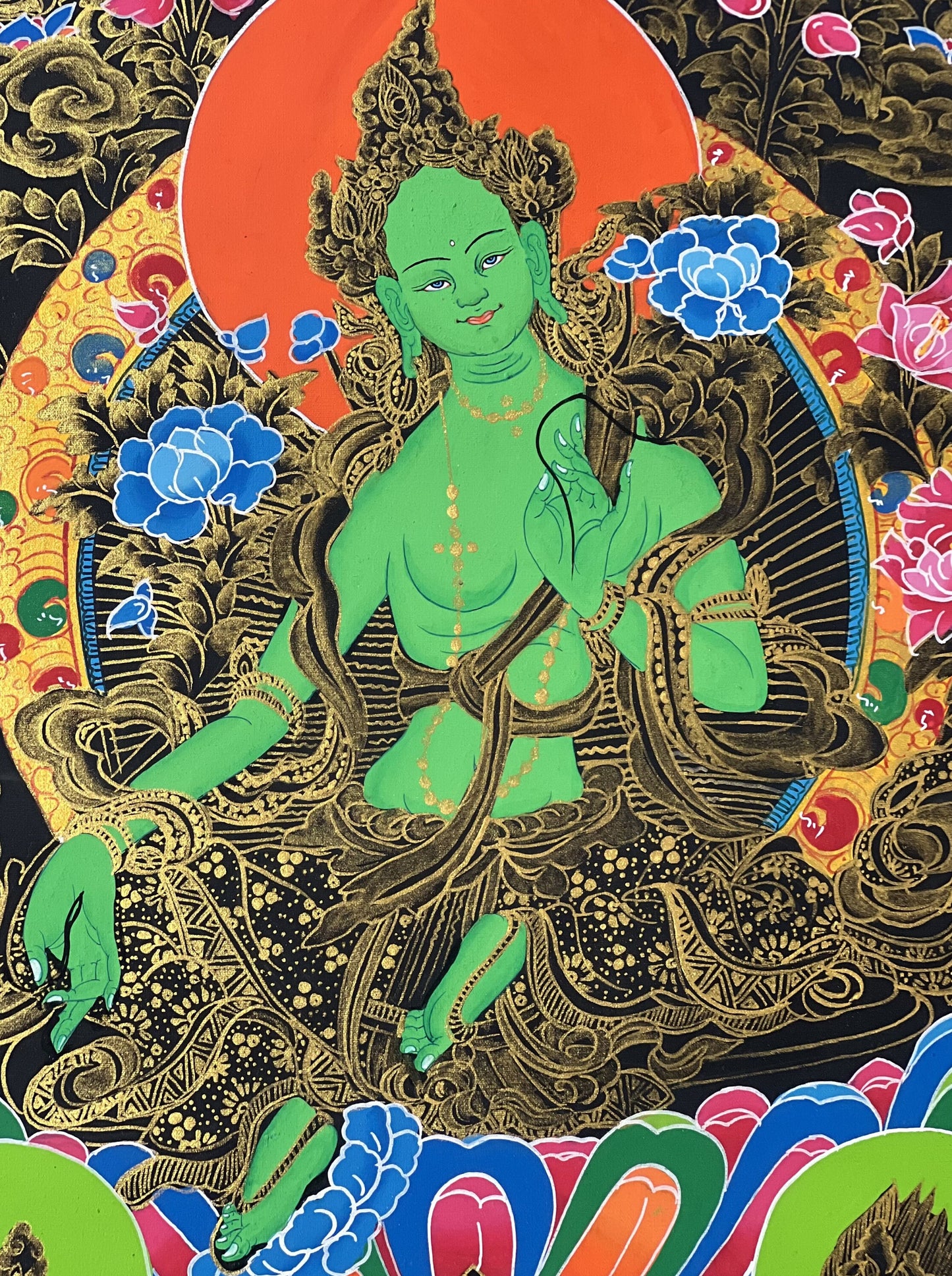 Green Tara/ Shyamatara/ Mother Goddess Tibetan Thangka Painting Original Hand Painted Compassion Meditation Art