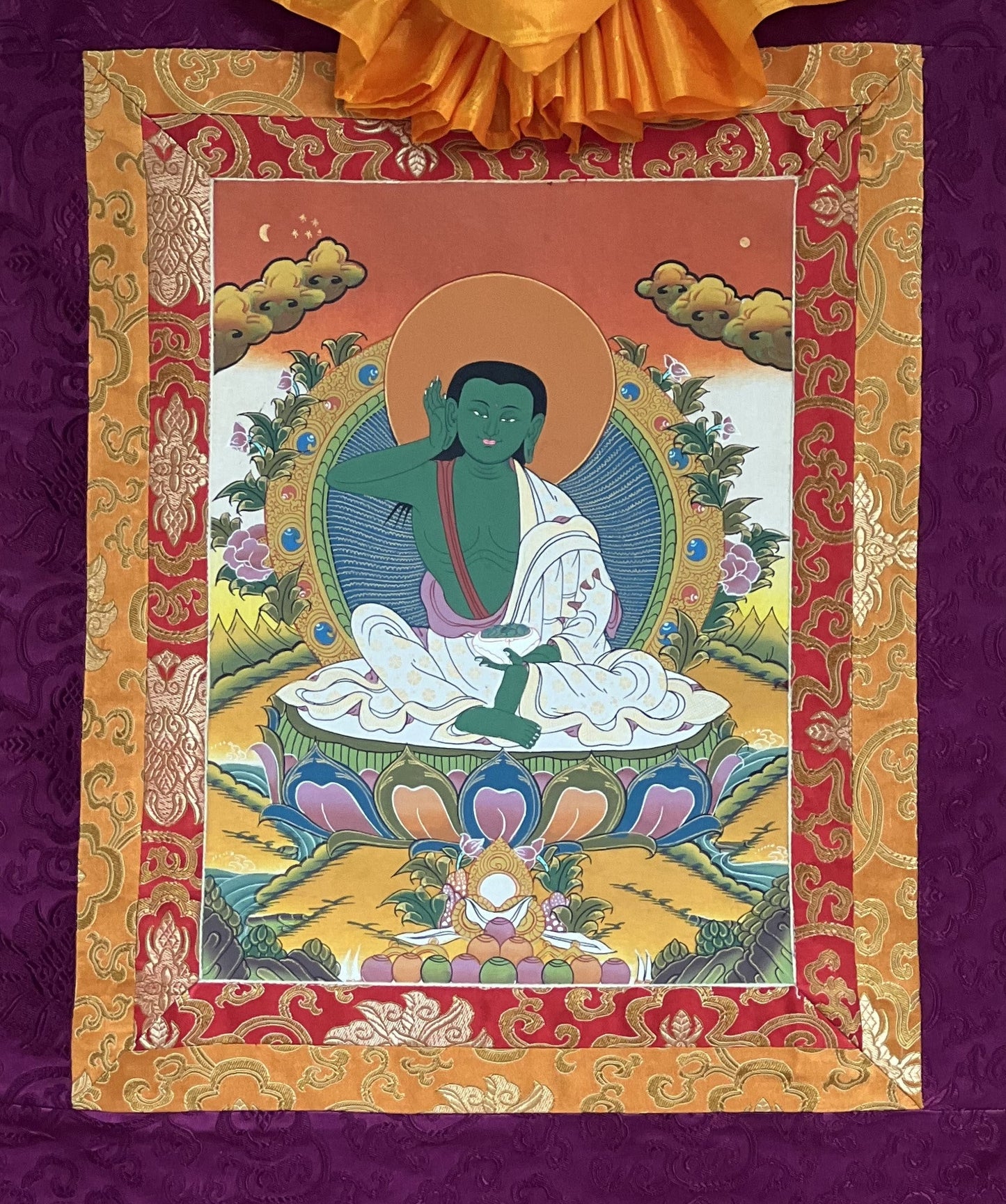 Milarepa, Jetsun Milarepa, Tibetan Yogi, Siddha, Poet, High Quality Tibetan Thangka Painting, Original Art with premium Silk Brocade