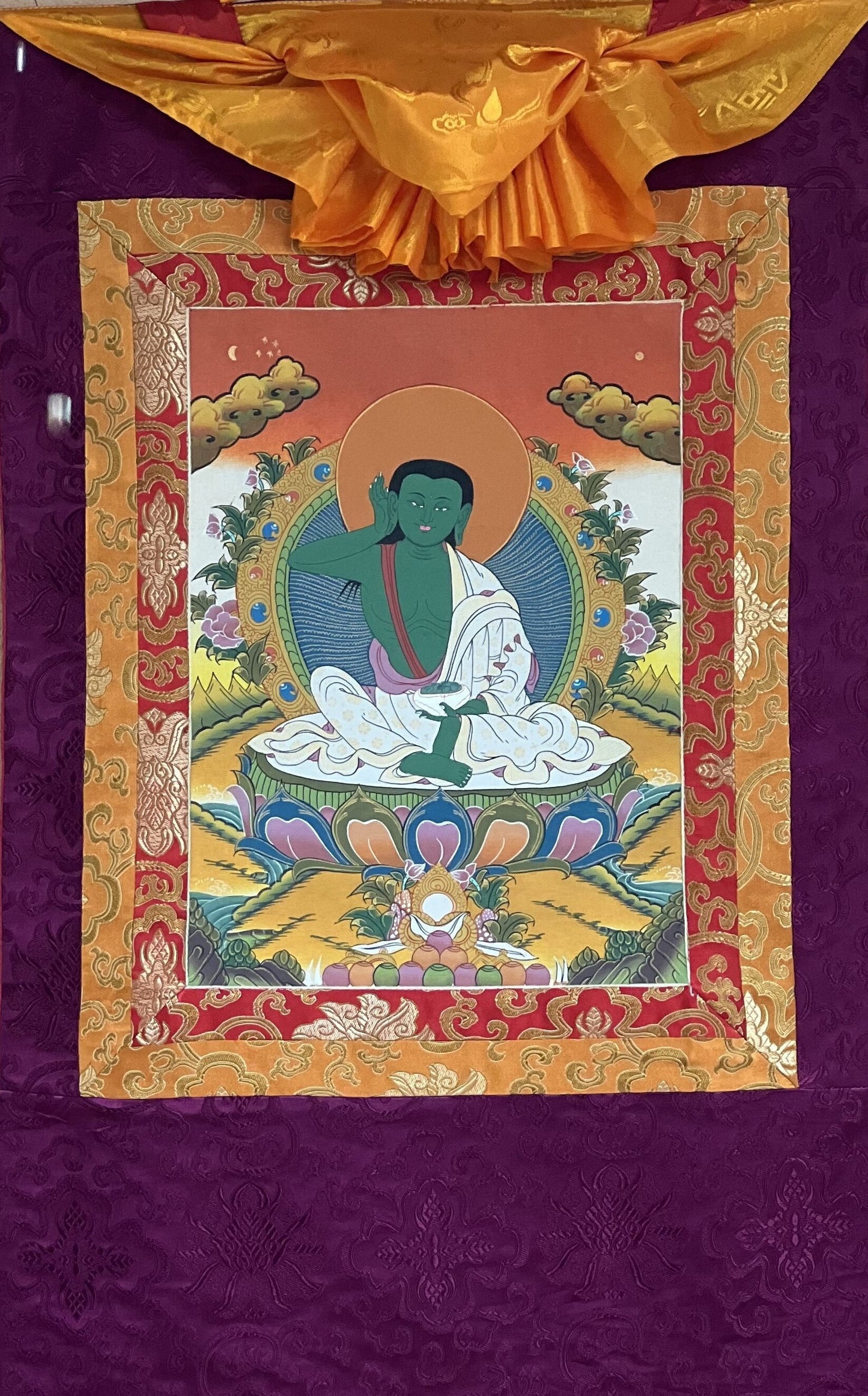 Milarepa, Jetsun Milarepa, Tibetan Yogi, Siddha, Poet, High Quality Tibetan Thangka Painting, Original Art with premium Silk Brocade