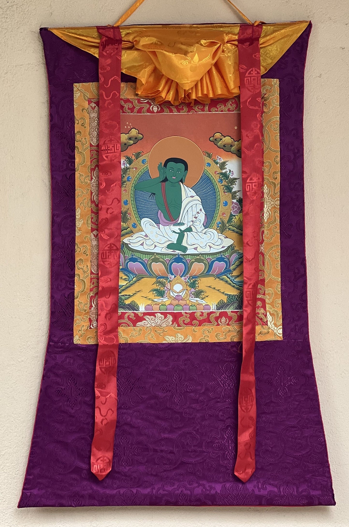 Milarepa, Jetsun Milarepa, Tibetan Yogi, Siddha, Poet, High Quality Tibetan Thangka Painting, Original Art with premium Silk Brocade