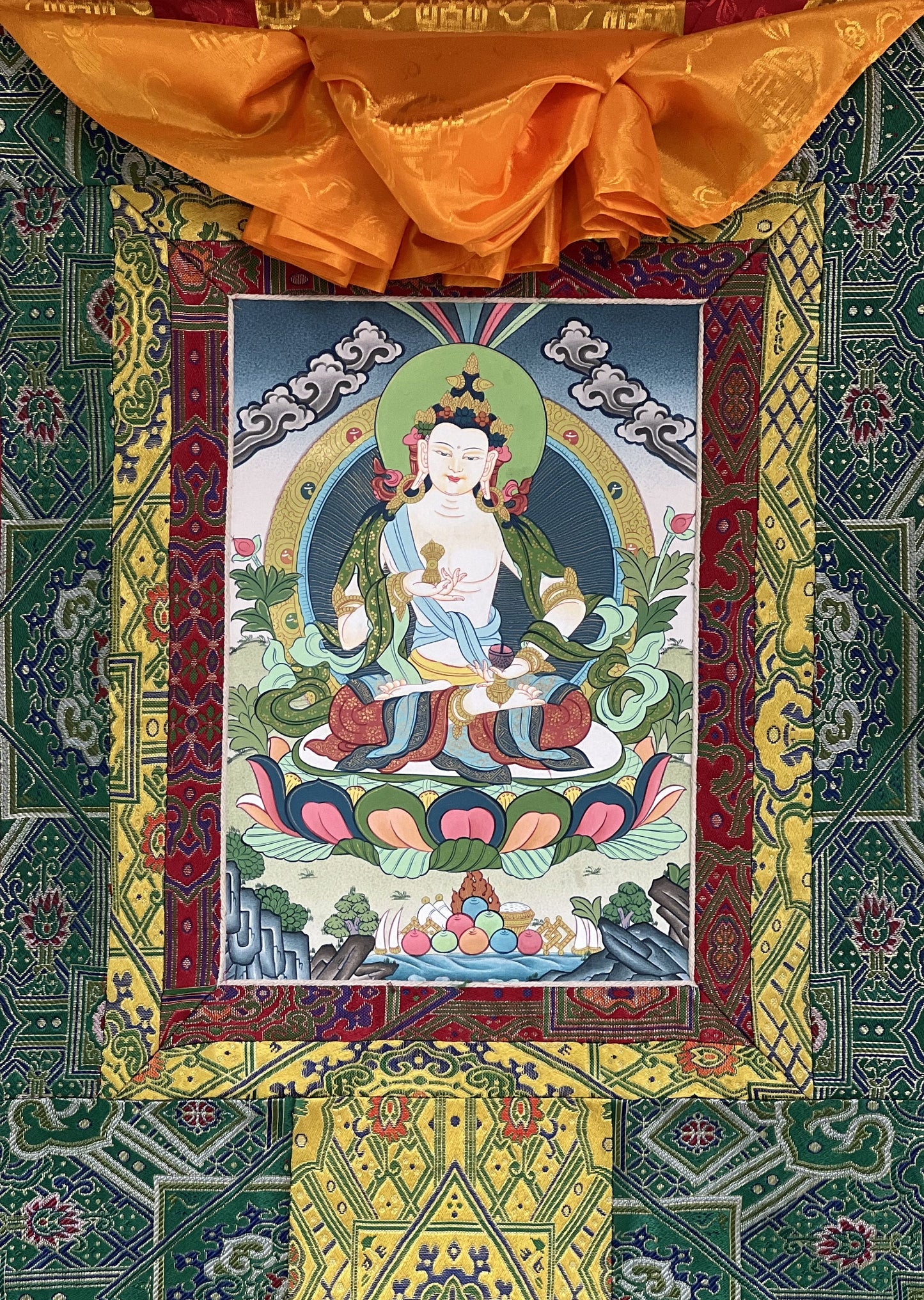 Vajrasattva/ Dorje Sempa/ Dhyani Buddha Tibetan Thangka Painting Original Buddhist Art/ Painting  with High Quality Silk Brocade