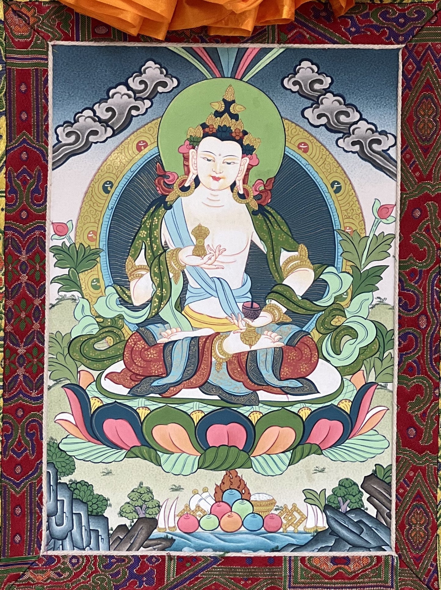 Vajrasattva/ Dorje Sempa/ Dhyani Buddha Tibetan Thangka Painting Original Buddhist Art/ Painting  with High Quality Silk Brocade