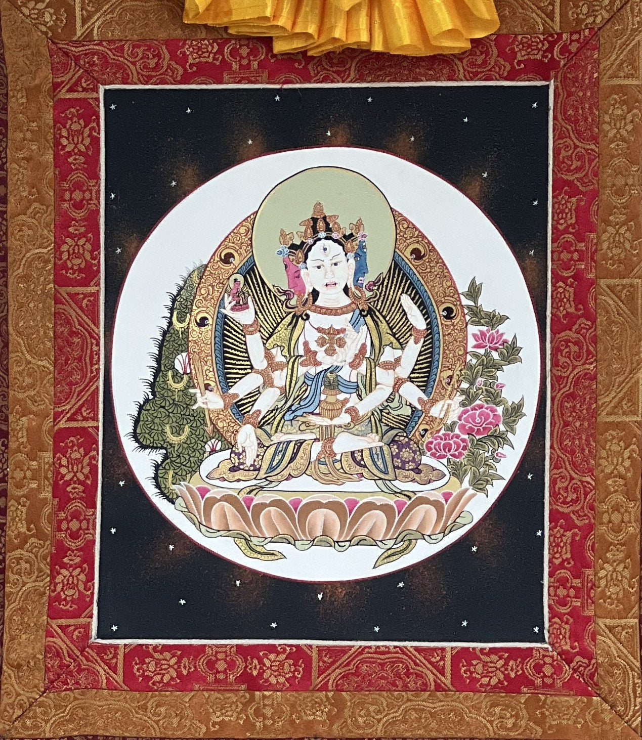 Basundhara, Namgyalma, Dakini of Longevity Tibetan Thangka Painting, Original Art, Bordered with Premium Quality Silk