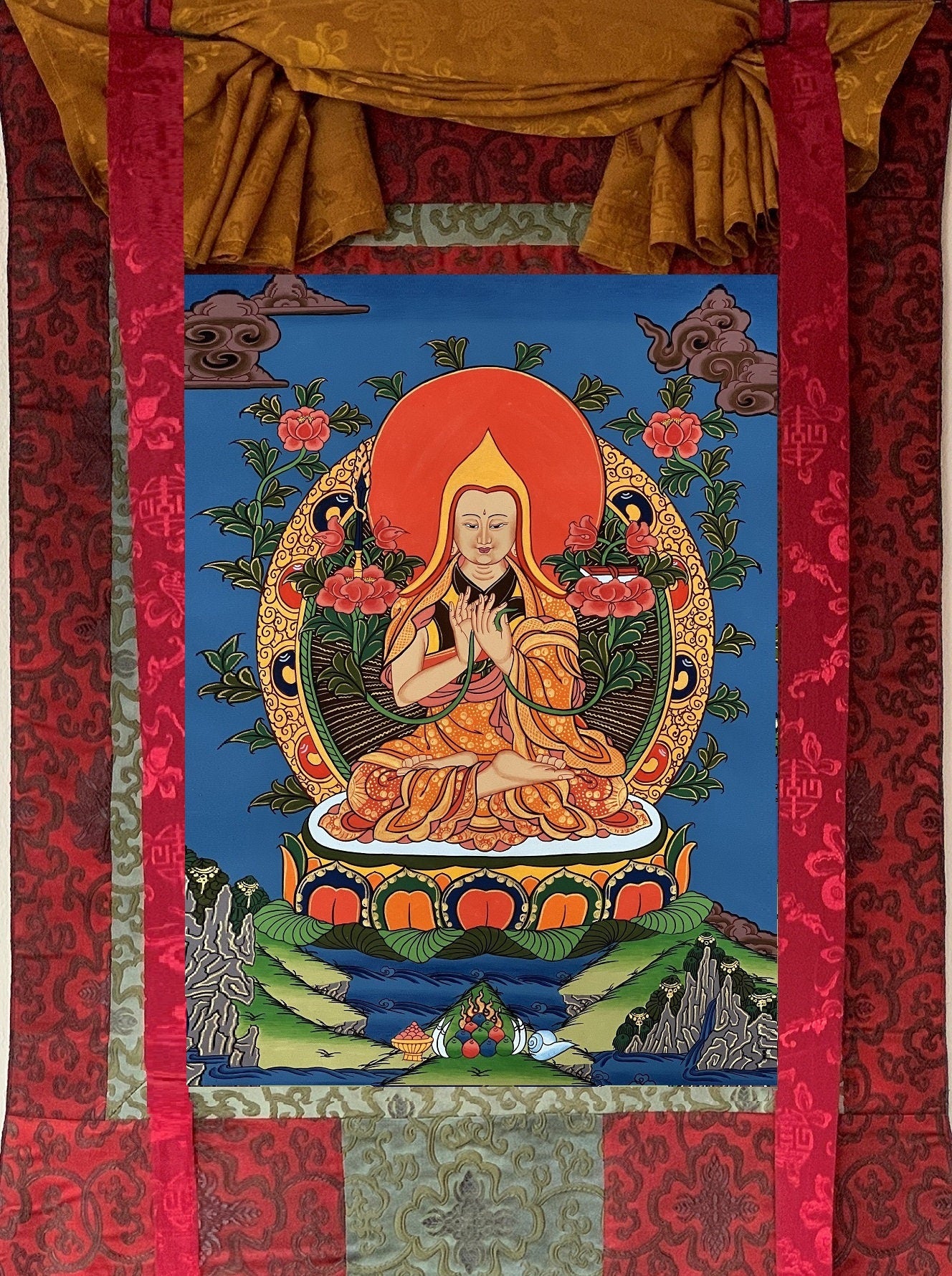 Chongapa/ Je Tsongkhapa  Tibetan Master High Quality Tibetan Thangka Painting Original Art  with Silk Brocade