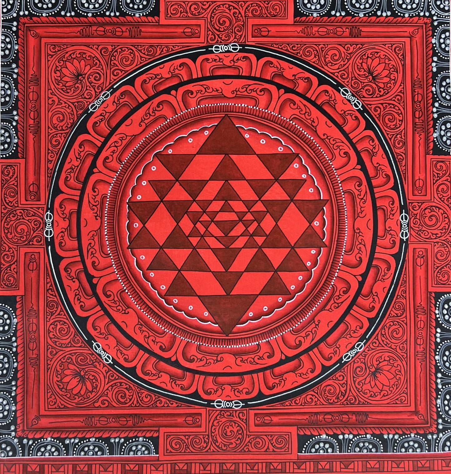 Hand Painted ShriYantra or Shri Chakara Mandala Newari Paubha/Pauva Thangka Painting Original Art for Energy Positivity and Good Luck