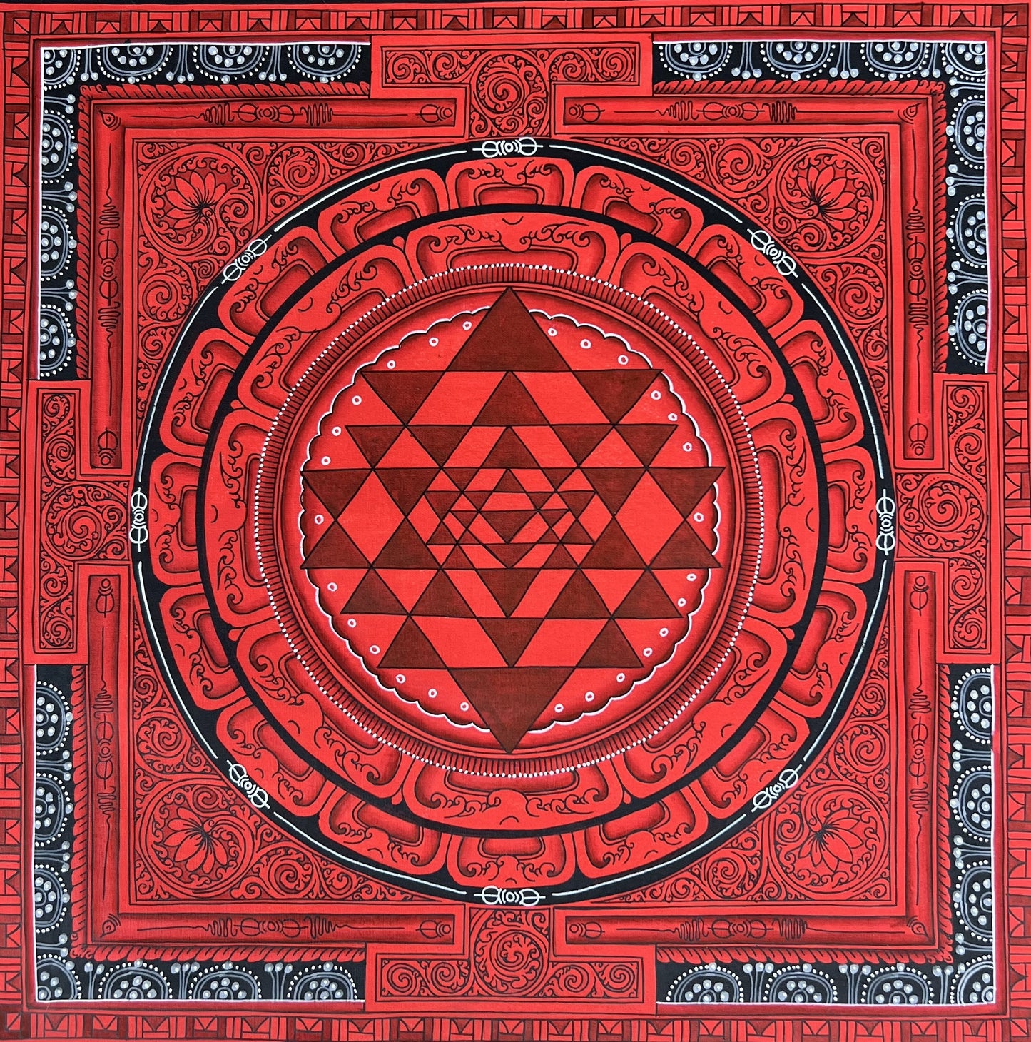 Hand Painted ShriYantra or Shri Chakara Mandala Newari Paubha/Pauva Thangka Painting Original Art for Energy Positivity and Good Luck