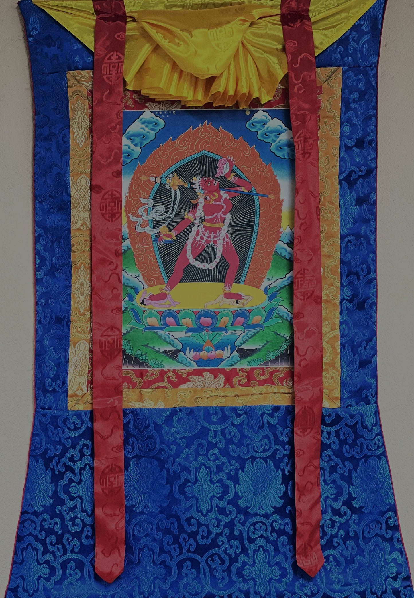 Vajrayoginī/ Jogini/ Yogini/ Dorje Neljorma/ Female Buddha Tibetan Thangka Painting, Original Art with Silk Brocade