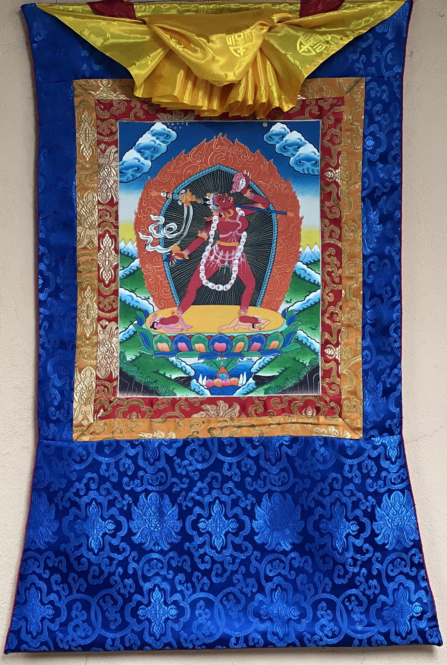 Vajrayoginī/ Jogini/ Yogini/ Dorje Neljorma/ Female Buddha Tibetan Thangka Painting, Original Art with Silk Brocade