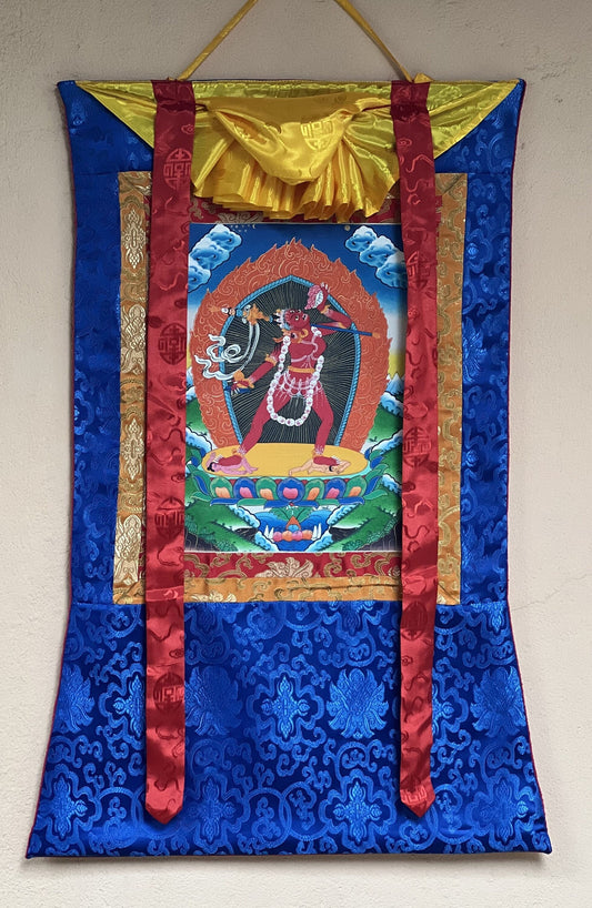 Vajrayoginī/ Jogini/ Yogini/ Dorje Neljorma/ Female Buddha Tibetan Thangka Painting, Original Art with Silk Brocade